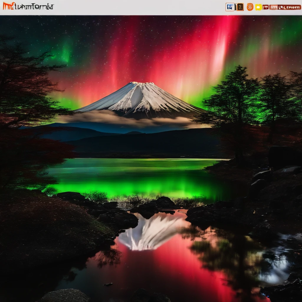 Master Parts、Superior Quality、superior image quality、The 8k quality、Beautiful pictures of the starry sky、magnifica、(Mt fuji:1.9)、Blue glowing lake:1.5、(Red and green aurora borealis:1.5)