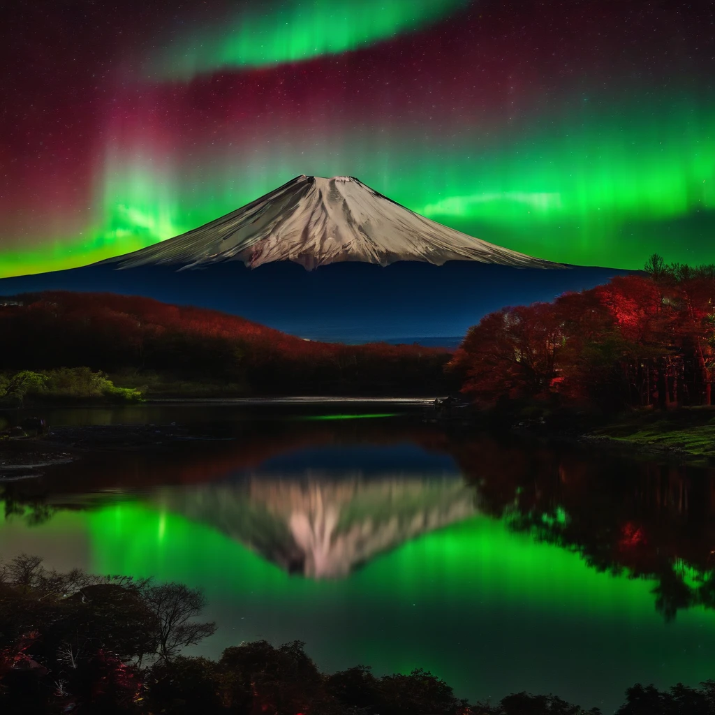 Master Parts、Superior Quality、superior image quality、The 8k quality、Beautiful pictures of the starry sky、magnifica、(Mt fuji:1.9)、Blue glowing lake:1.5、(Red and green aurora borealis:1.5)