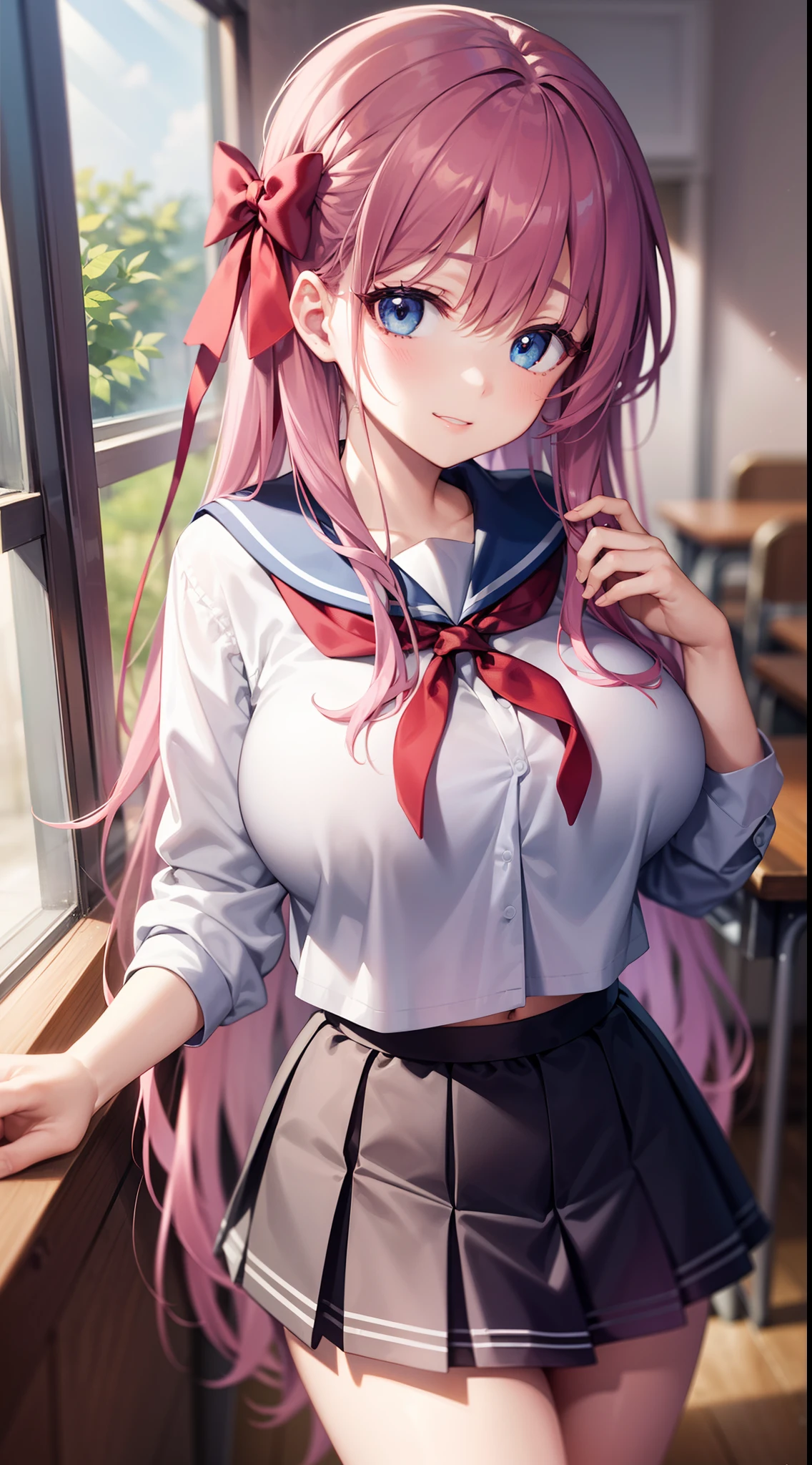 nodokaharamura, nodoka haramura, blue eyes, hair bow, long hair, pink hair, bow,
BREAK blue skirt, kiyosumi school uniform, pleated skirt, school uniform, serafuku, skirt,
BREAK looking at viewer,
BREAK indoors, classroom,
BREAK (masterpiece:1.2), best quality, high resolution, unity 8k wallpaper, (illustration:0.8), (beautiful detailed eyes:1.6), extremely detailed face, perfect lighting, extremely detailed CG, (perfect hands, perfect anatomy),gigantic breasts,seductive smile
