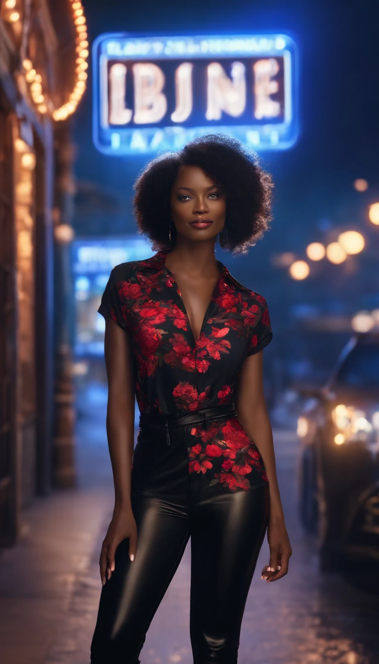 Outdoors, Black mature female, Wearing a black and red floral shirt, Wearing black dress pants, Blue eyes, Glowing eyes, Short hair, gray colored skin, Club environment, Night, Blue neon signage, 8K, illusory engine, Highly detailed, Photorealistic,