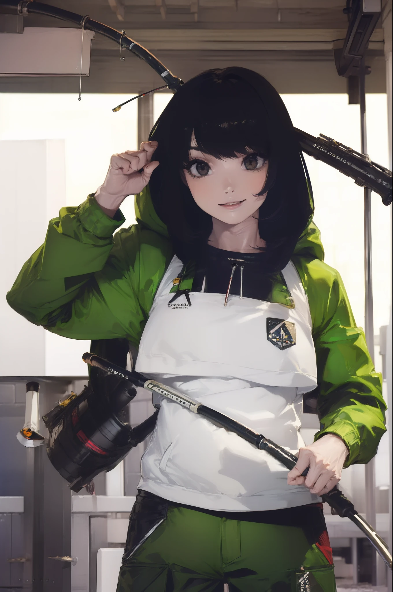 ((((Have a fishing rod with a reel:1.5)))),((Female 28 years old)),((Best Quality:1.5)),(((Fine fingers、Ratio 4 fingers and 1 thumb,detailed arms,detailed human hands))),(((Hands with the correct number and structure of fingers:1.4))),((Lakeside:1.37)),hight resolution,ultra-detailliert,masterpiece,best qualtiy,(Eight-headed body),(1 fishing rod,Holding a fishing rod in your hand,Fishing lure rod,Fishing Reel,with long sleeve hood,Outdoor Vest,parka,Long pants for fishing,Big backpack),thin and long legs,Beautiful hip line,Beautiful spine,constricted back,Toned waist,beutiful breast),,Gentle smile,shiny lip,(1 fishing rod,Straight stretch fishing rod,Long fishing rod,Woman fishing with fishing rod in hand),Black hair, long eyeslashes, Solid Circle Eyes, drop shadow, Atmospheric perspective,Super Detail, ccurate, small brest,top-quality, blurry backround, bokeh dof:1.2, (masterpiece:1.3), Atmospheric perspective,Super Detail,dynamic compositions, Ultra High Quality,