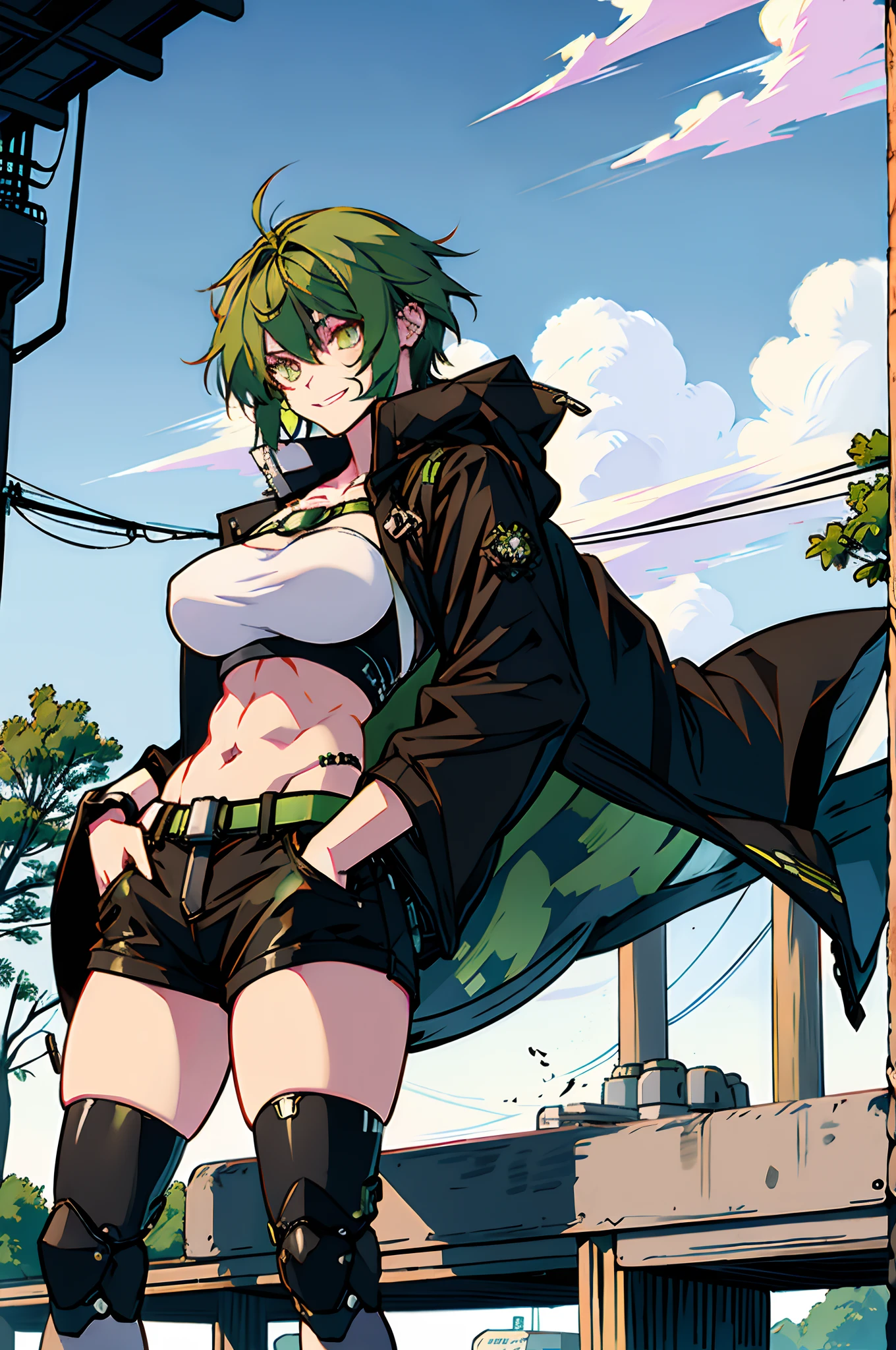 Pure sky，mechanical leg，Black mechanical legs，Plump legs，Green gem setting，Anime girl standing gracefully on the ground，Black cape and green hair, rogue anime girl, Anime girl standing, Wearing a cloak on the blasted plain, asuka suit under clothes!, Cyborg girl, badass posture, mechanic punk outfit, anime styled 3d, render of a cute 3d anime girl, gapmoe yandere grimdark, Female character，musculature，Abs，Glowing green eyes，Black hair with green gradient，short detailed hair，Bunched hair，Dull hair，（Muscle 2.0），Tomboyish，Be red in the face，looking at viewert，Elaborate Eyes，Black mechanical legs，huge tit，1.5，Put your hands in your pockets，ssmile，blacksilk，Straight big breasts，strappy，Black openwork hot pants，White bandeau，Toothless smile，Lower breast，Mechanical wind，There are no cities，Side breasts