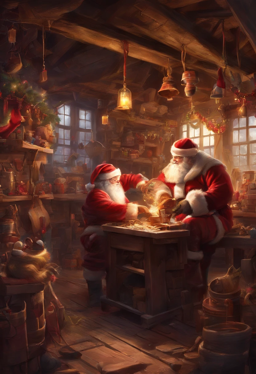 best quality, works, (realistic: 1,2), 1 young santa claus, inside a christmas toy workshop
