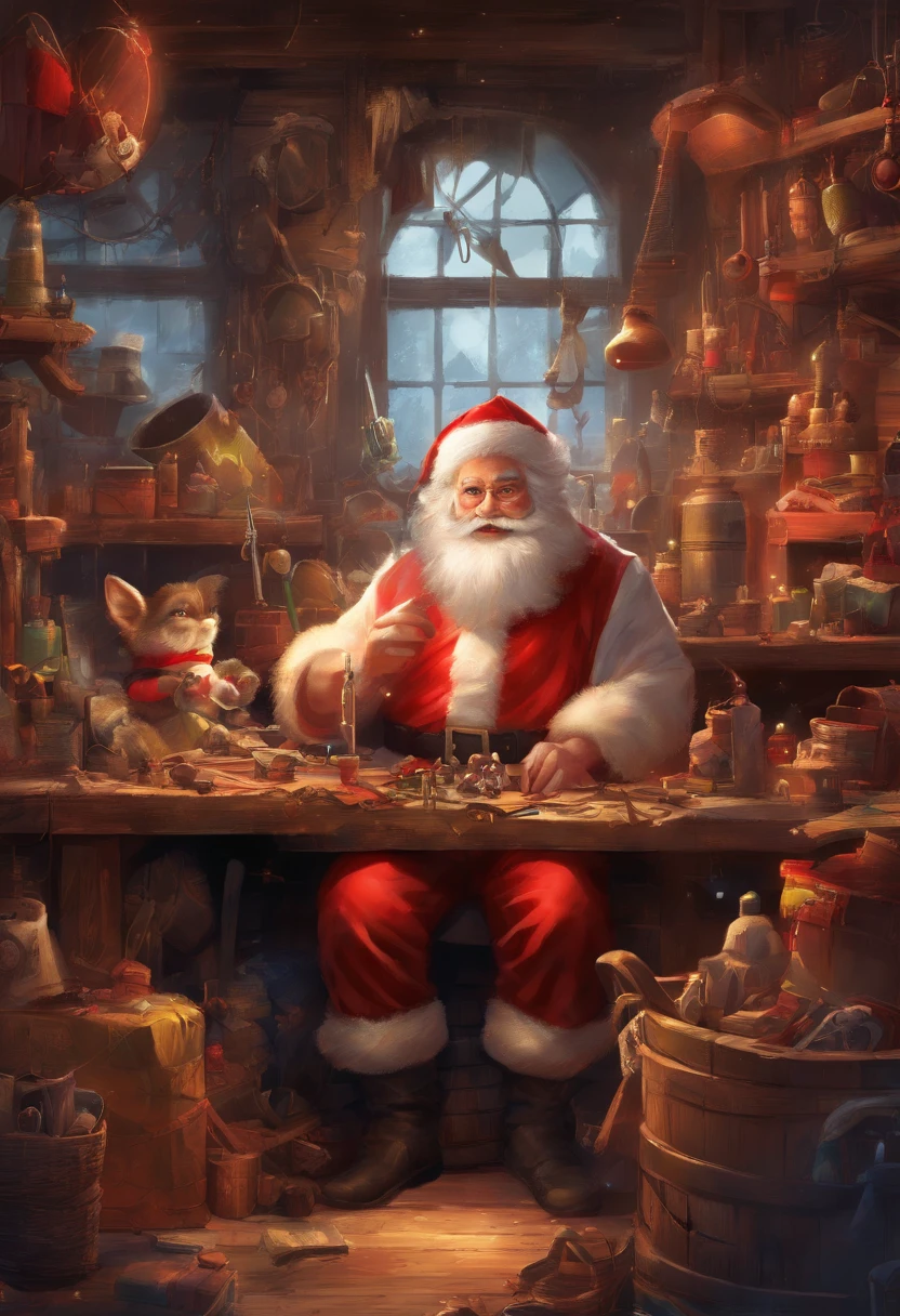 best quality, works, (realistic: 1,2), 1 young santa claus, inside a christmas toy workshop