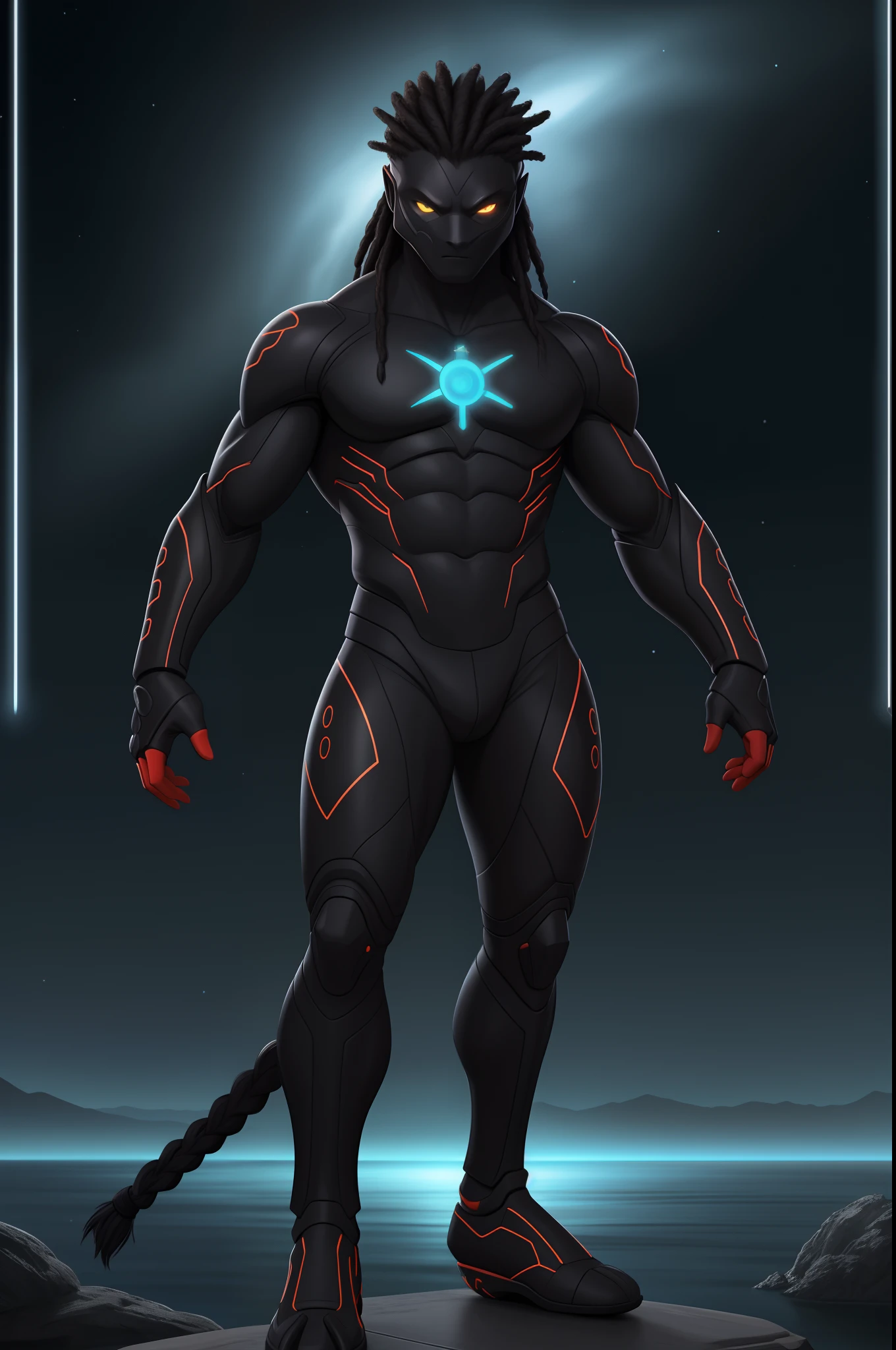 Biomechanical creature in humanoid form, com pele opalescente e escamas, master part, absolutamente perfeito, imagem impressionante, visualmente rico, intrinsecamente detalhado, arte conceitual, por Mschiffer, Bright holographic, cinemactic, papel de parede uhd, ........3d, octan render, Volumetric lights, Full body Create an image of a black ninja after an apocalypse in the future, afro cabelo caindo para frente, Rasta type but braided,tiro de corpo inteiro, tiro de corpo inteiro,  , Lightning in the sky, arms extended, olhando para frente, parado no topo de uma montanha, manto e capa vermelhos, cruz brilhante no ar. ,Arte Luz Neon, no escuro da noite, Um navio alto navega pelos mares iluminados pela ,....lua, estrelas, Colouring, circunstanciado, 4k