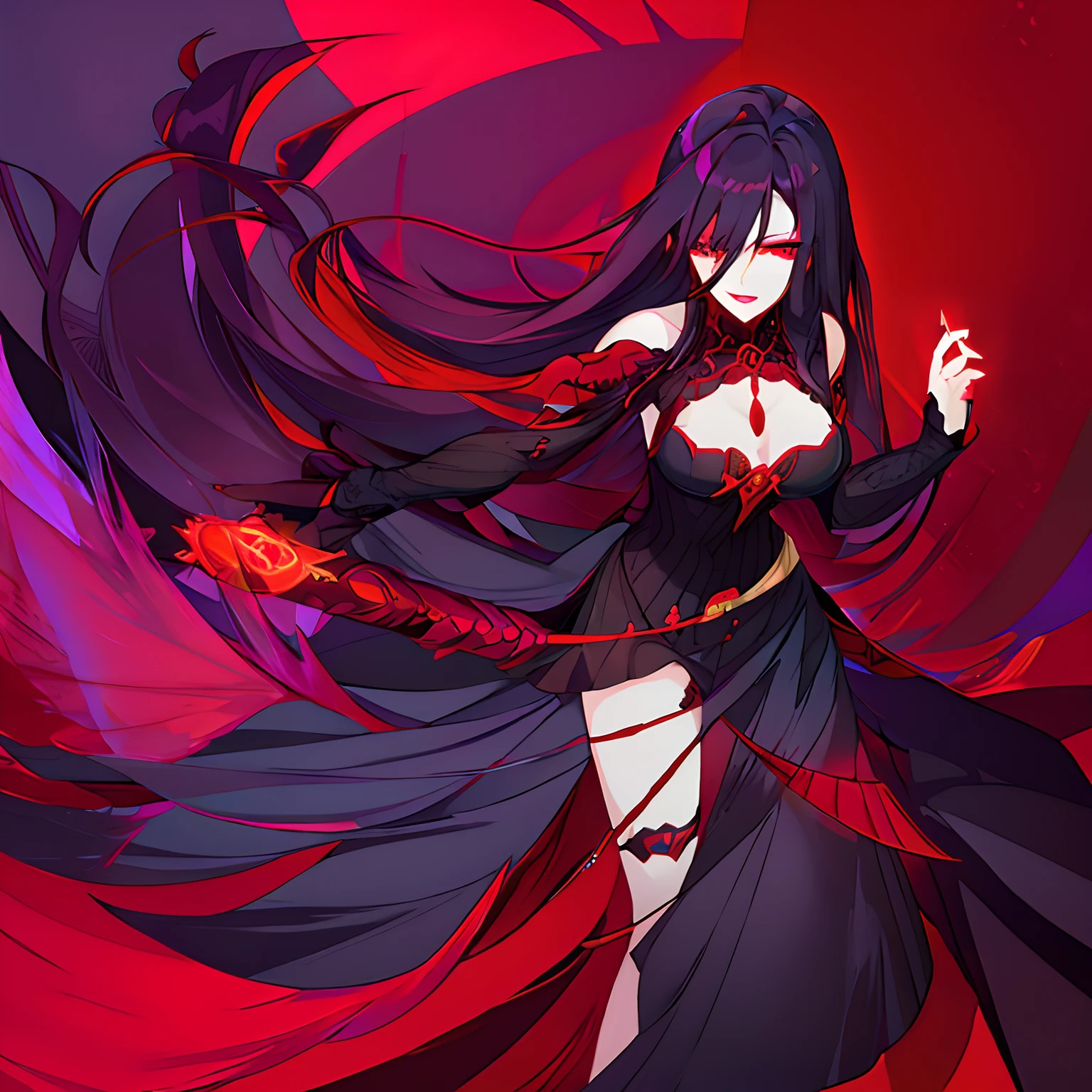 Woman, long dark purple hair, red eyes with a bright light, black long open dress, witch, silver jewelry in the shape of ribs, metal mask on half of the face, black lipstick