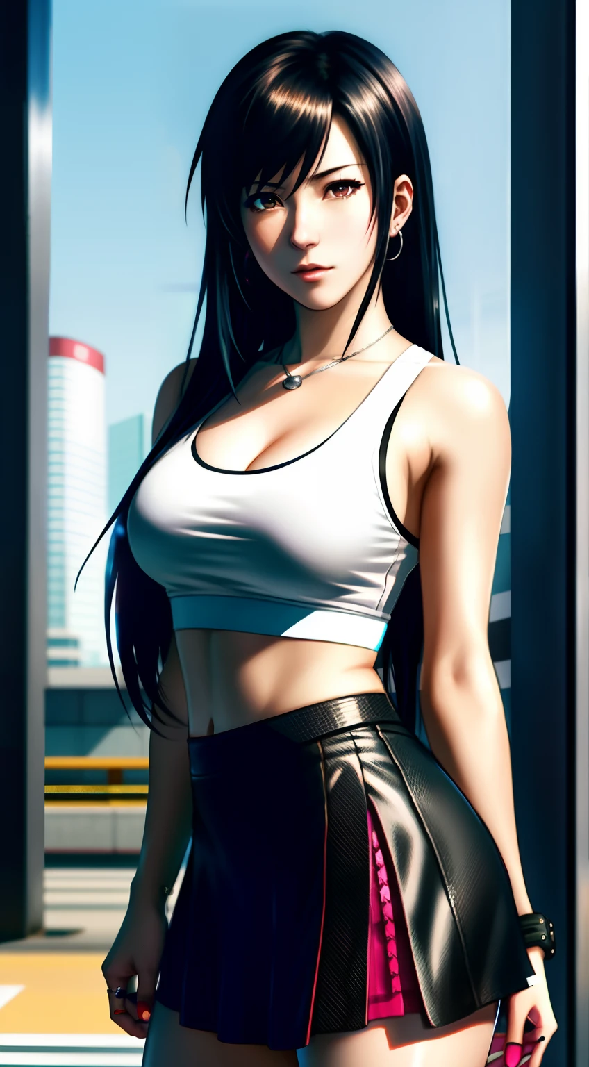 Close up portrait of a person in a skirt and tank top, rings asuka iwakura station game, Portrait of Tifa Lockhart, Cyberpunk Anime Girl, portrait anime space cadet girl, realistic anime art style, Digital Cyberpunk Anime Art, female cyberpunk anime girl, tifa lockhart portrait, Yayoi Kasuma, Misato Katsuragi, Tifa Lockhart