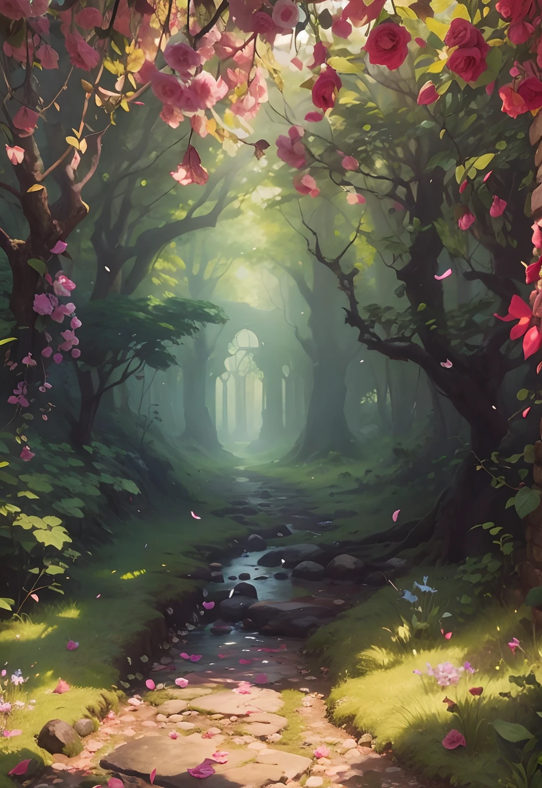 A painting of a path in a forest with flowers and trees - SeaArt AI