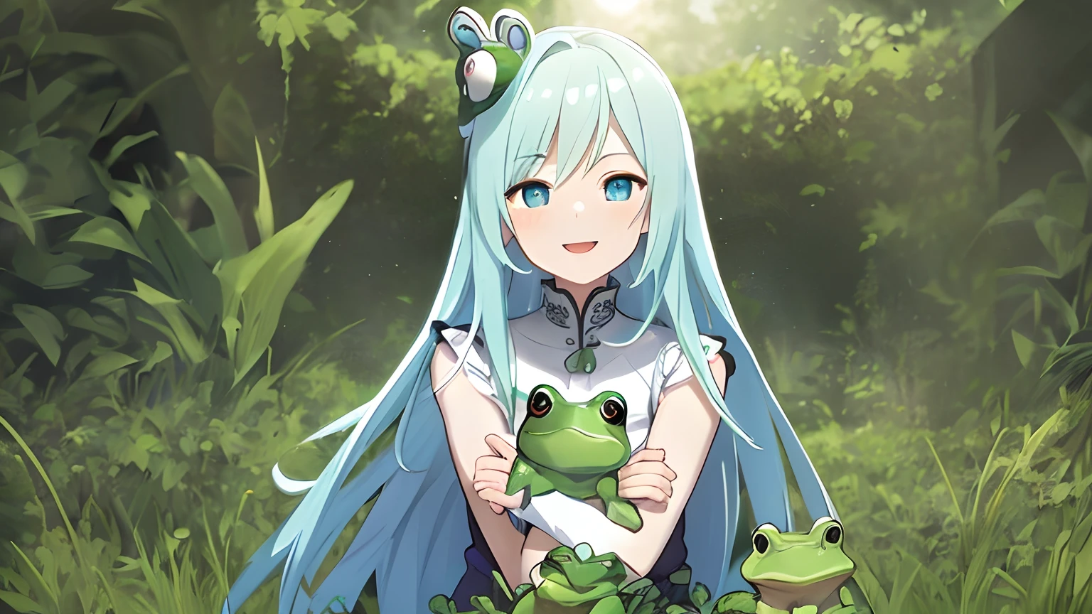 superfine illustration, very detailed beautiful face and eyes, Dynamic Angle, standing in a grass field, Take funny poses, Reflect the upper body, Happy expression, Hugging a frog