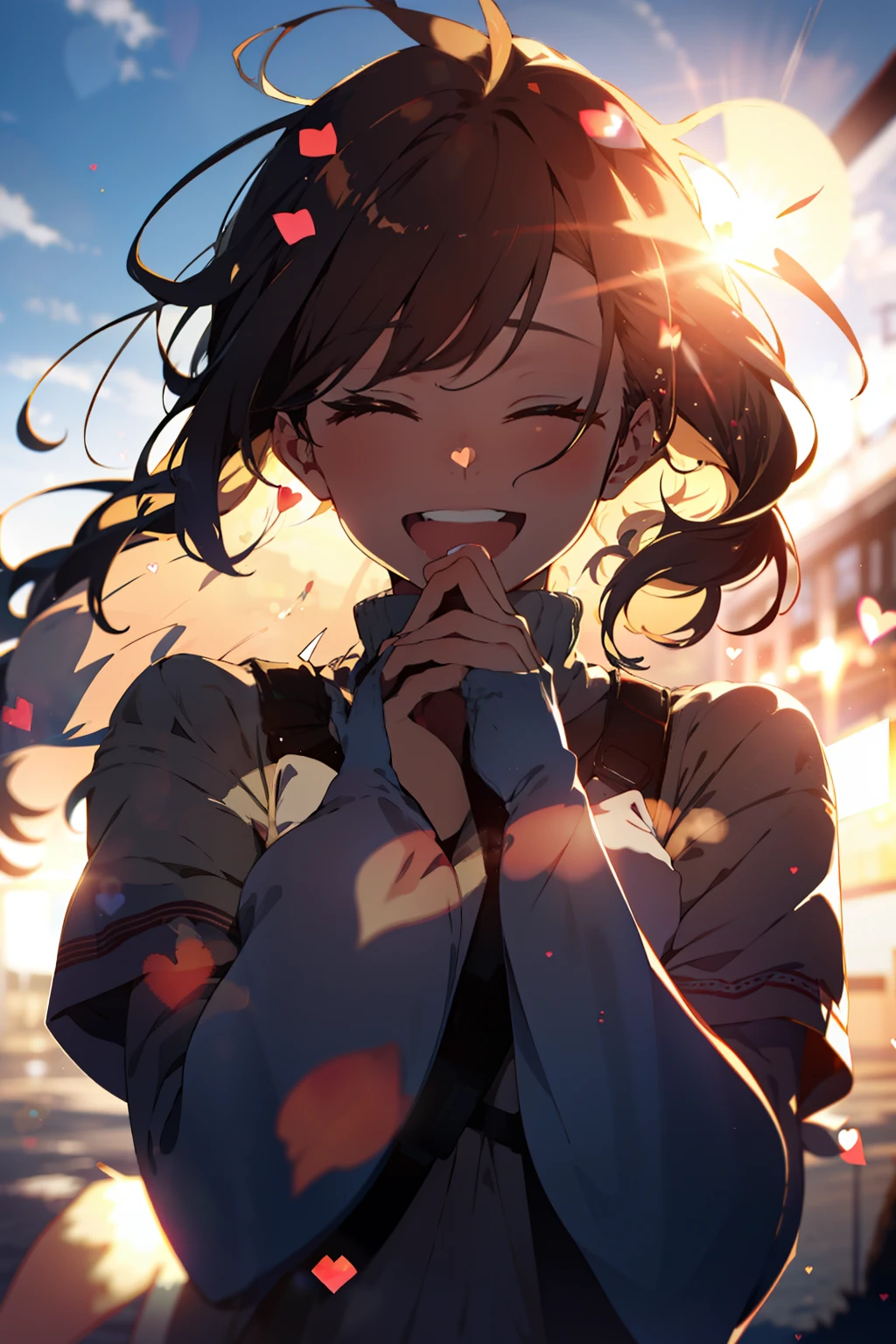 an girl, upper body, (huge Laughing:1.1), (open mouth:1.1), closed eyes, sun glare, bokeh, depth of field, blurry background, light particles, strong wind, (heart particles:1.2)