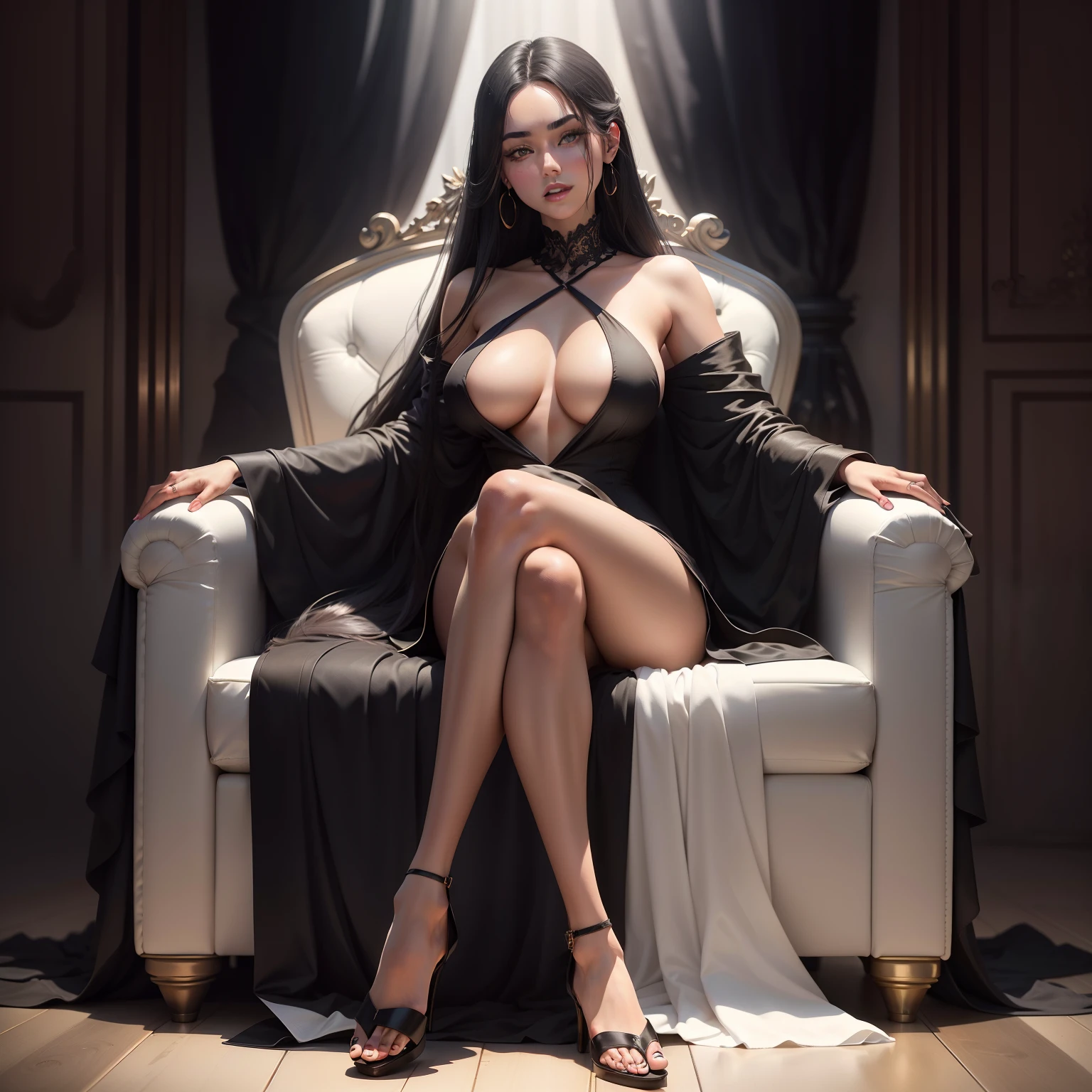 Produce an ultra-realistic Instagram model of a beautiful woman, one woman, high heel sandals, full body, long black hair,black eyes, soft skin, sitting on a throne, legs crossed , beautiful black dress,big breast, part of breast out, The image has a high resolution of 4K, with soft, natural lighting that enhances the model's skin tones and the black color of their outfit, her leg uncovered, black lips, white skin, a sexy lady, a beautiful lady, and a beautiful face. perfect face, pretty face, godess face