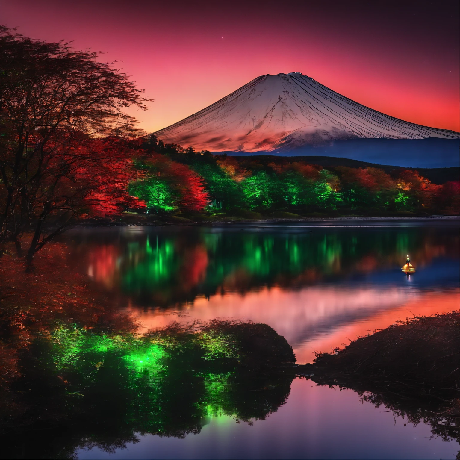Master Parts、Superior Quality、superior image quality、The 8k quality、Beautiful pictures of the starry sky、magnifica、(Mt fuji:1.9)、Blue glowing lake:1.5、(Red and green aurora borealis:1.5)