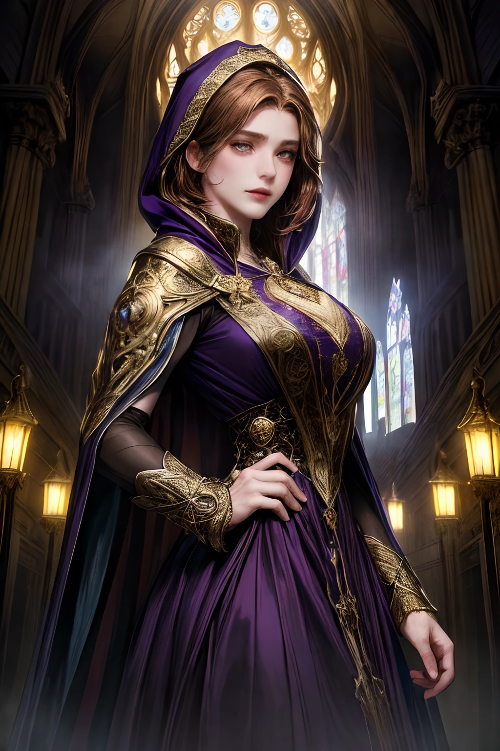 (Absurdres, Intricate Details, Masterpiece, Best Quality, High Resolution, 8k), 1 male, masculine, young, aged up, dreadful, finely detailed eyes and face, dark red short mustache hair, hazel eyes, looking down, solo, (full body:0.6), detailed background, detailed face, ( dark fantasy theme: fog, dark atmosphere, , Depth of Field, VFX. (absurdres, masterpiece, (absurdres:1.1), best quality, extremely delicate, (beautiful face:1.1), elegant, full clothes (great composition), bags under eyes, (dark:1.1), highly detailed exquisite portrait Victorian era inspiration anime - style image of a woman in a brown dress standing in front of a large cathedral pretty female cleric, female cleric, inspired by Li Chevalier, cleric, dressed like a cleric, majestic saint woman, inspired by Valéria Dénes, npc with a saint's halo, female protagonist 👀 :8, official character art, masterpiece goddess of sorrow BROWN HAIR purple eye color cloak with hood middle aged woman