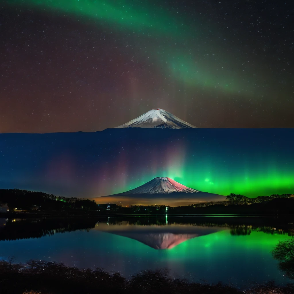 Master Parts、Superior Quality、superior image quality、The 8k quality、Beautiful pictures of the starry sky、magnifica、(Mt fuji:1.9)、Blue glowing lake:1.5、(Red and green aurora borealis:1.25)