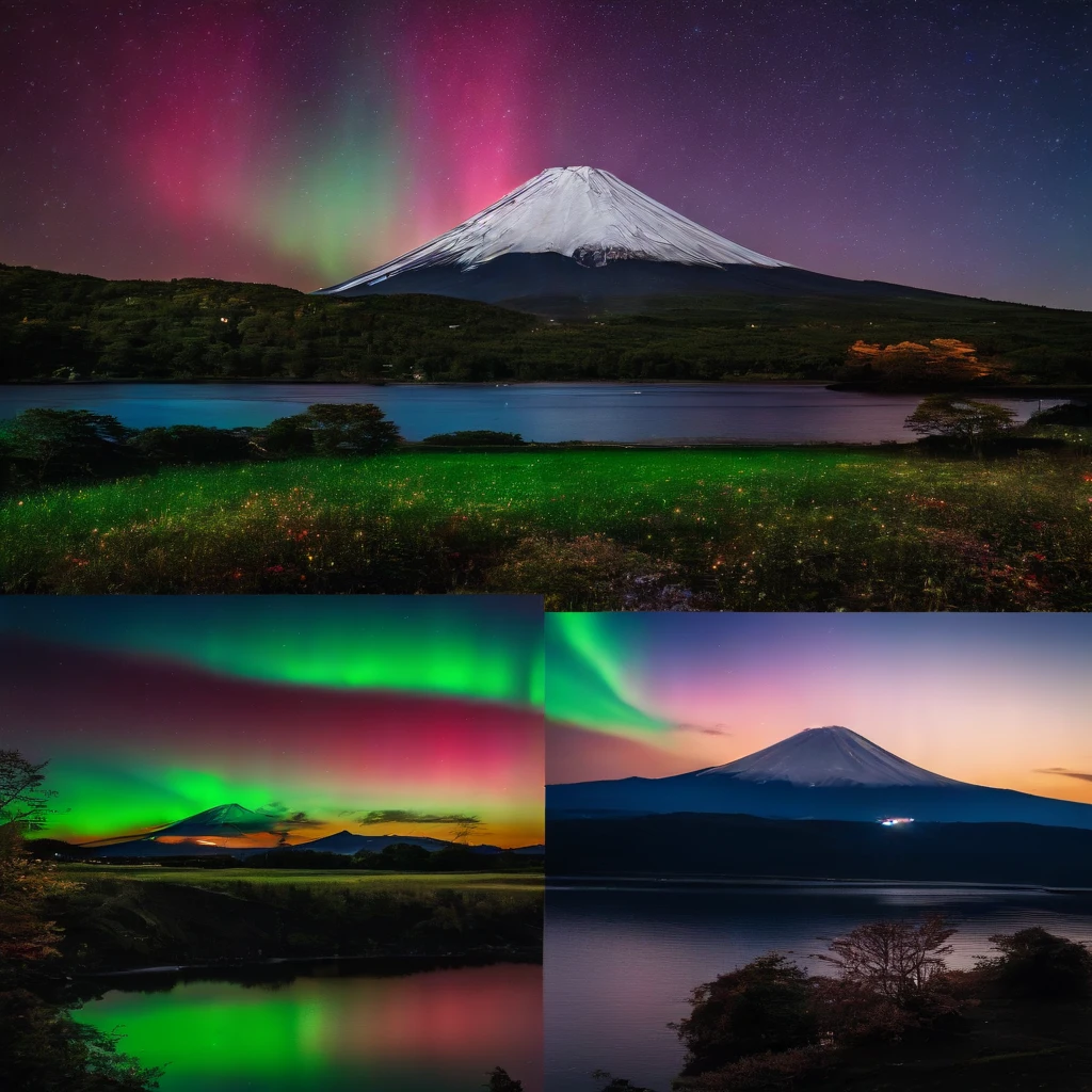 Master Parts、Superior Quality、superior image quality、The 8k quality、Beautiful pictures of the starry sky、magnifica、(Mt fuji:1.9)、Blue glowing lake:1.5、(Red and green aurora borealis:1.25)