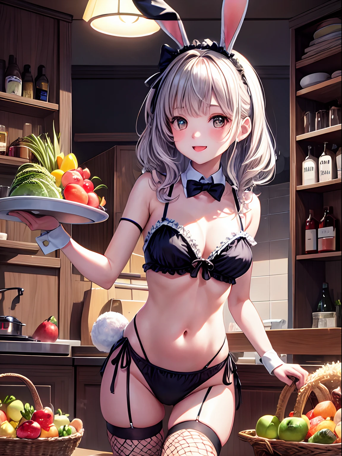 hight resolution, top-quality, ultra-quality, The ultra-detailliert, lighting like a movie、kitchin、fruits、Rice preparation、Woman in black bunny bikini with rabbit ears、Rabbit tail、Exposing the chest、fishnet tights、
