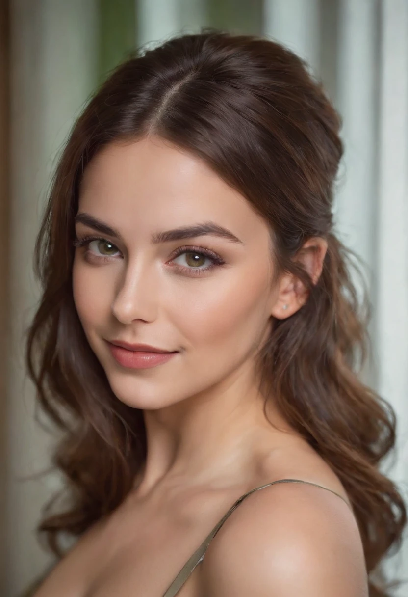 20 years old woman,  Brown hair, ojos verdes, cuerpo entero, piel suave, sonrisa, dressed in sexy lingerie.