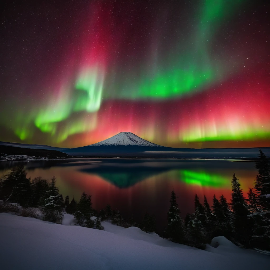 Master Parts、Superior Quality、superior image quality、The 8k quality、Beautiful pictures of the starry sky、magnifica、(Mt fuji:1.5)、Blue glowing lake:1.25、(Red and green aurora borealis:1.5)