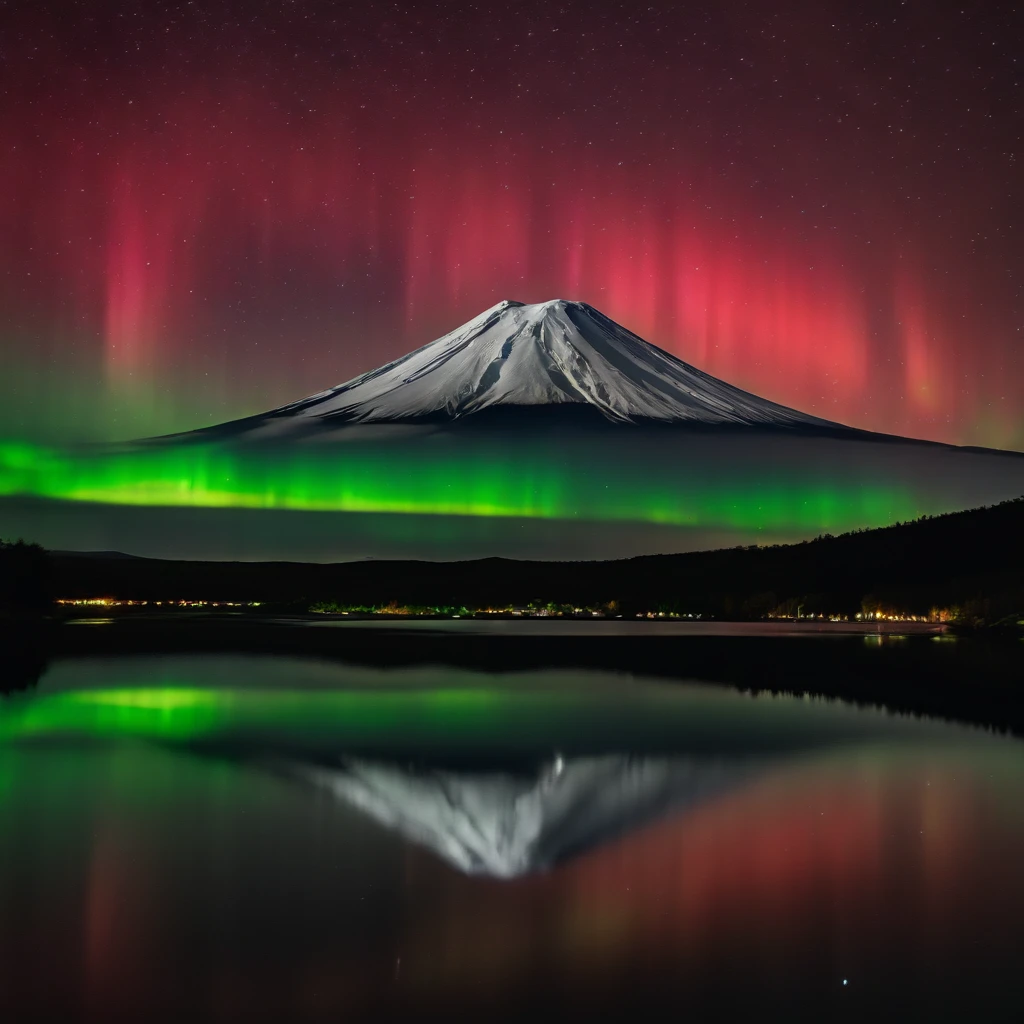 Master Parts、Superior Quality、superior image quality、The 8k quality、Beautiful pictures of the starry sky、magnifica、(Mt fuji:1.5)、Blue glowing lake:1.25、(Red and green aurora borealis:1.5)