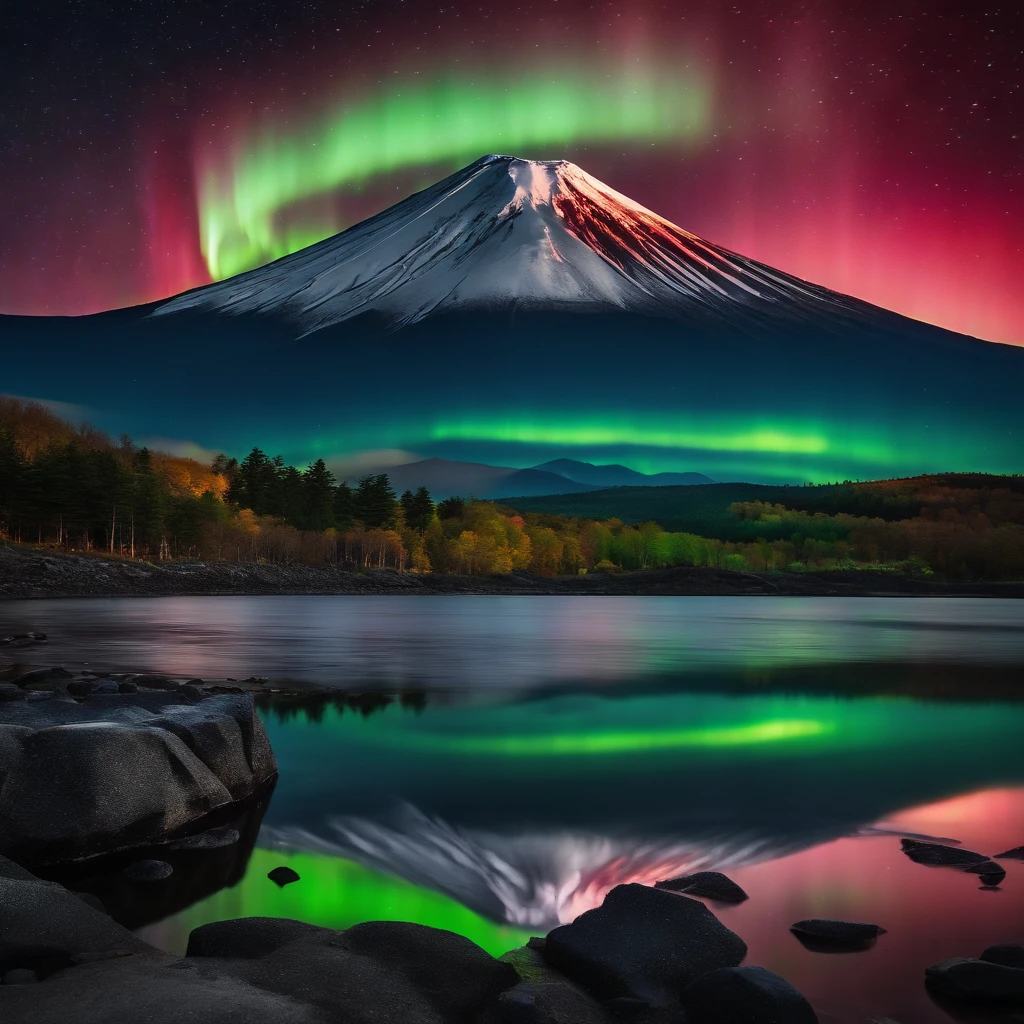 Master Parts、Superior Quality、superior image quality、The 8k quality、Beautiful pictures of the starry sky、magnifica、(Mt fuji:1.5)、Blue glowing lake:1.25、(Red and green aurora borealis:1.5)