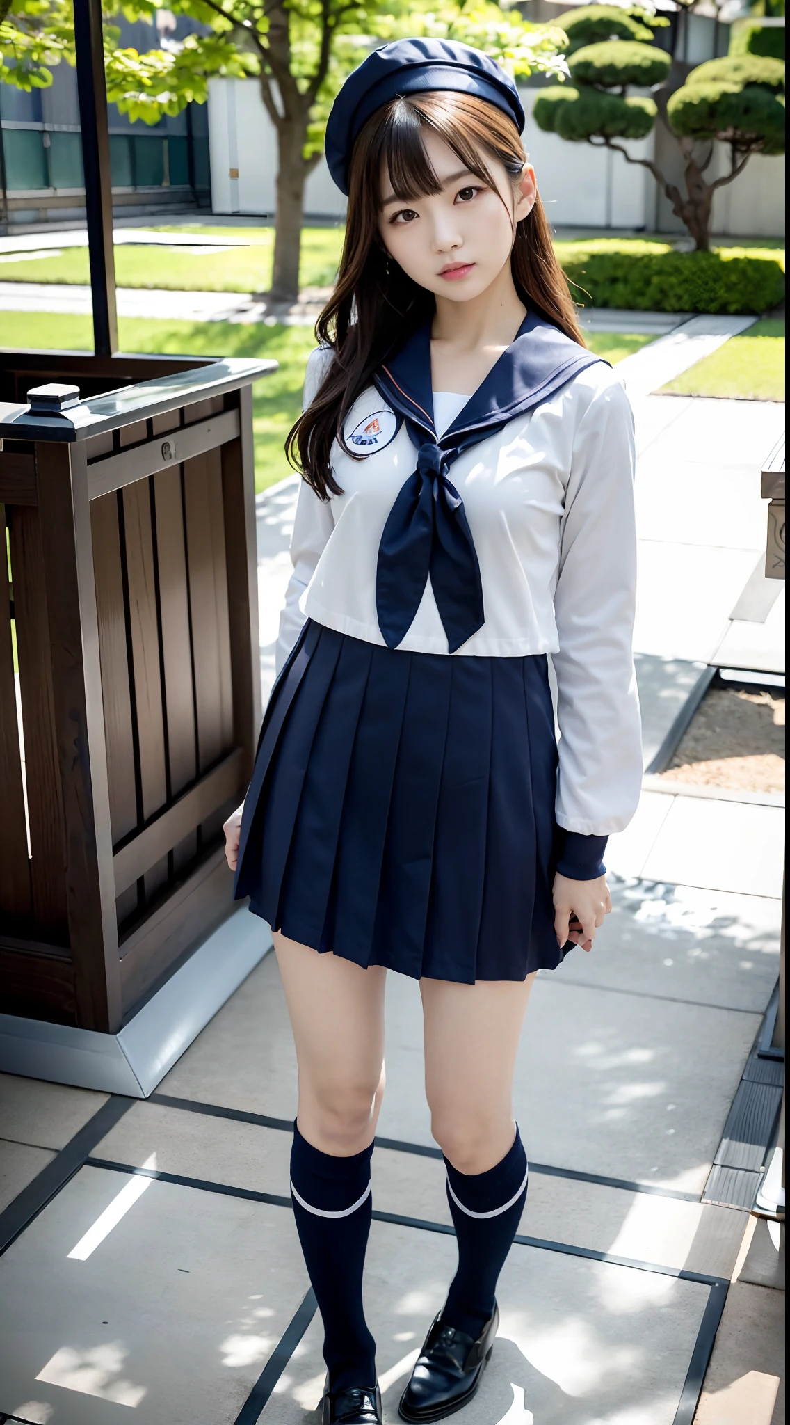 In the best quality、Japanese、******* girl standing outdoors。Perfect Anatomy、Correct limbs、High resolution、Beautiful details、Quiet atmosphere。(((Black Bob Hair)))、Cute Smile。white short sleeve sailor uniform、Navy blue pleated skirt、Navy blue socks、Brown Loafers、Random Pause