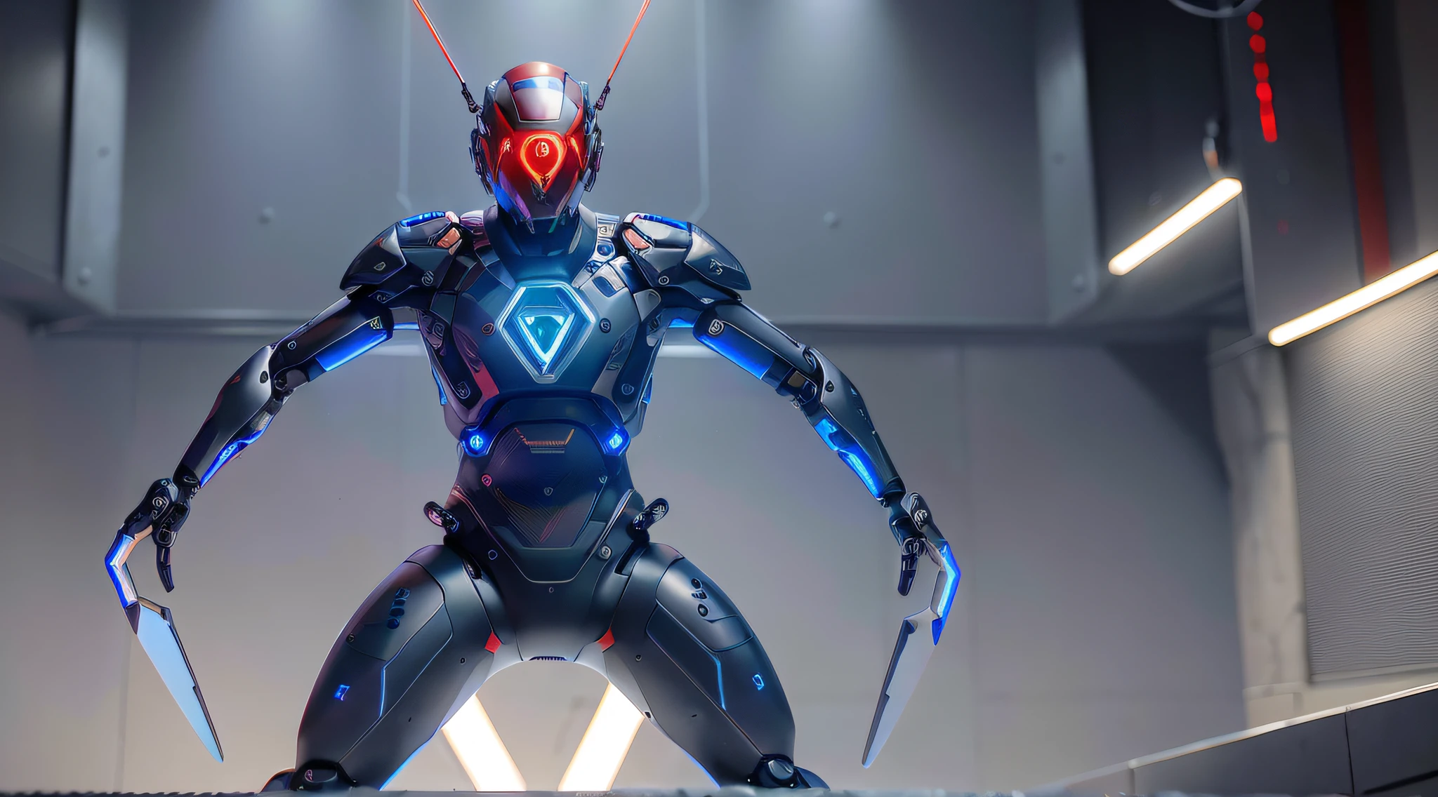 masterpiece, best quality, a close up of a futuristic looking cyborg man with a fantastic cyber helmet head with red and blue triangle led lights and a halo, full body, dancing. dance. synthwave ballad. silver pants. wearing a red and blue techwear jacket, white background. jump, full body, robotic legs.