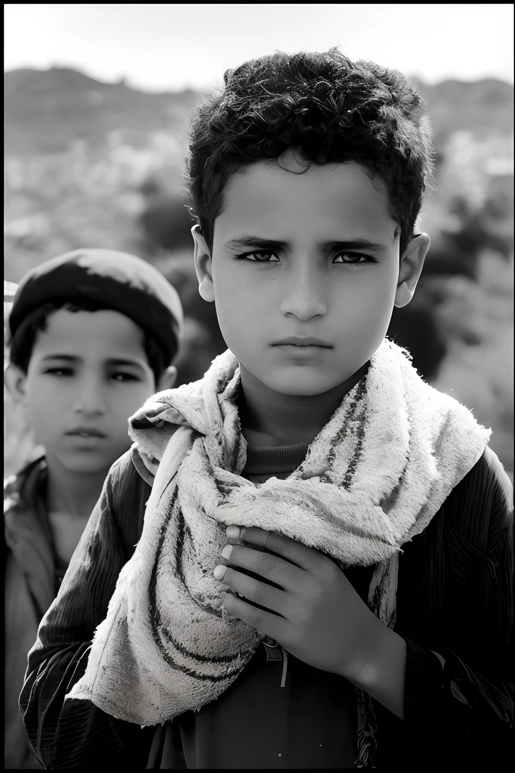 arafed boy with a scarf on his neck and a man in the background, 14 yo berber boy, by Youssef Howayek, by Farid Mansour, marc riboud, by Mahmoud Farshchian, by Albert Welti, by Robert Jacobsen, by Alan Pollack, by Abdullah Gërguri
