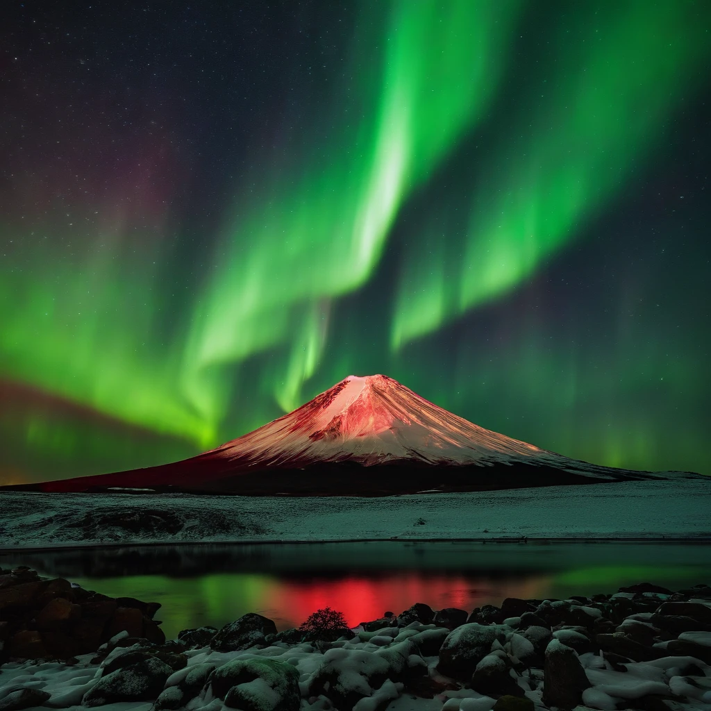 Master Parts、Superior Quality、superior image quality、The 8k quality、Beautiful pictures of the starry sky、magnifica、(Mt fuji:1.25)、Blue glowing lake:1.25、(Red and green aurora borealis:1.5)