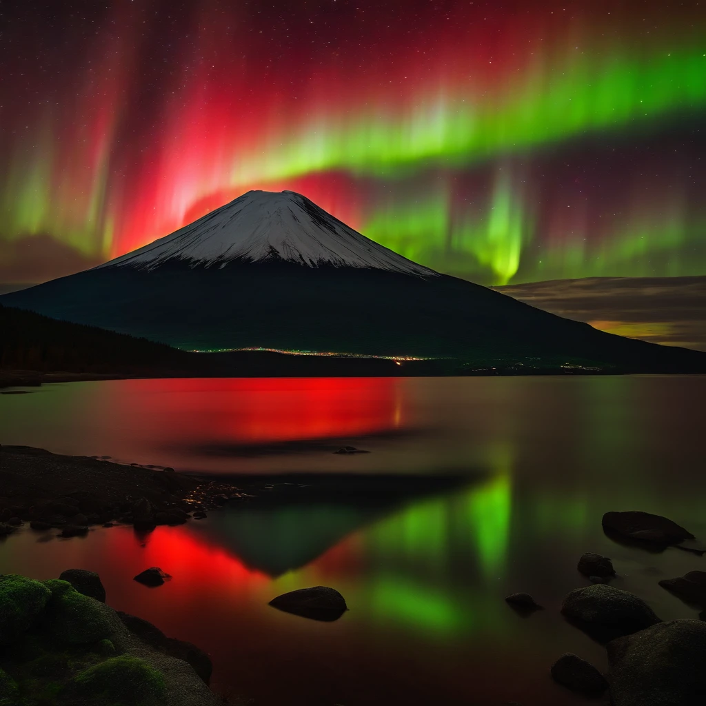 Master Parts、Superior Quality、superior image quality、The 8k quality、Beautiful pictures of the starry sky、magnifica、(Mt fuji:1.25)、Blue glowing lake:1.25、(Red and green aurora borealis:1.5)