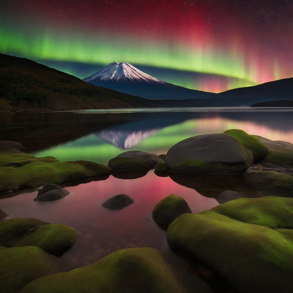 Master Parts、Superior Quality、superior image quality、The 8k quality、Beautiful pictures of the starry sky、magnifica、(Mt fuji:1.25)、Blue glowing lake:1.25、(Red and green aurora borealis:1.5)