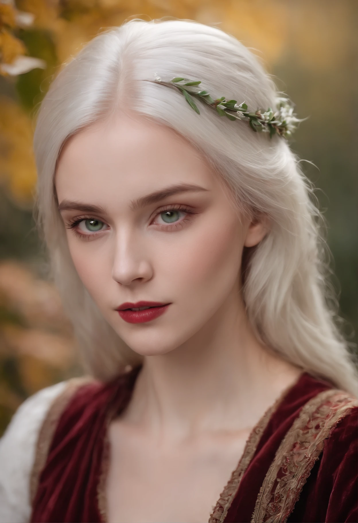 (((a deep reddish wound crosses her left cheek))) fair complexion, woman around 19 years old, natural white hair, distinctive green eyes, wearing kohl, slender and graceful, beautiful, candlelight in a medieval setting, ultra sharp focus, realistic shot, medieval female clothes, tetradic colors (scar:1.4)