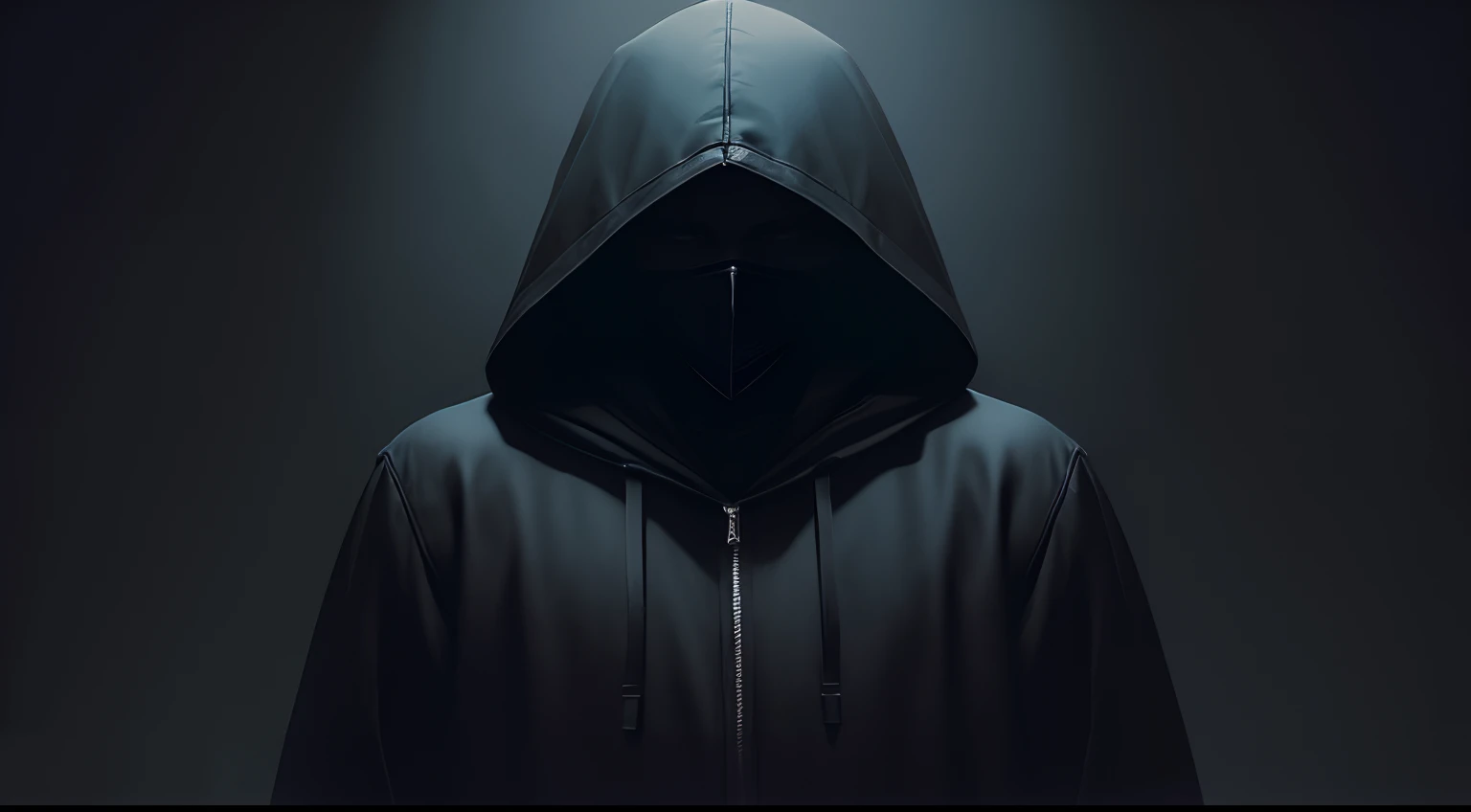 front photo of a mysterious man, with a black hood in a dark place where it is not possible to see his face