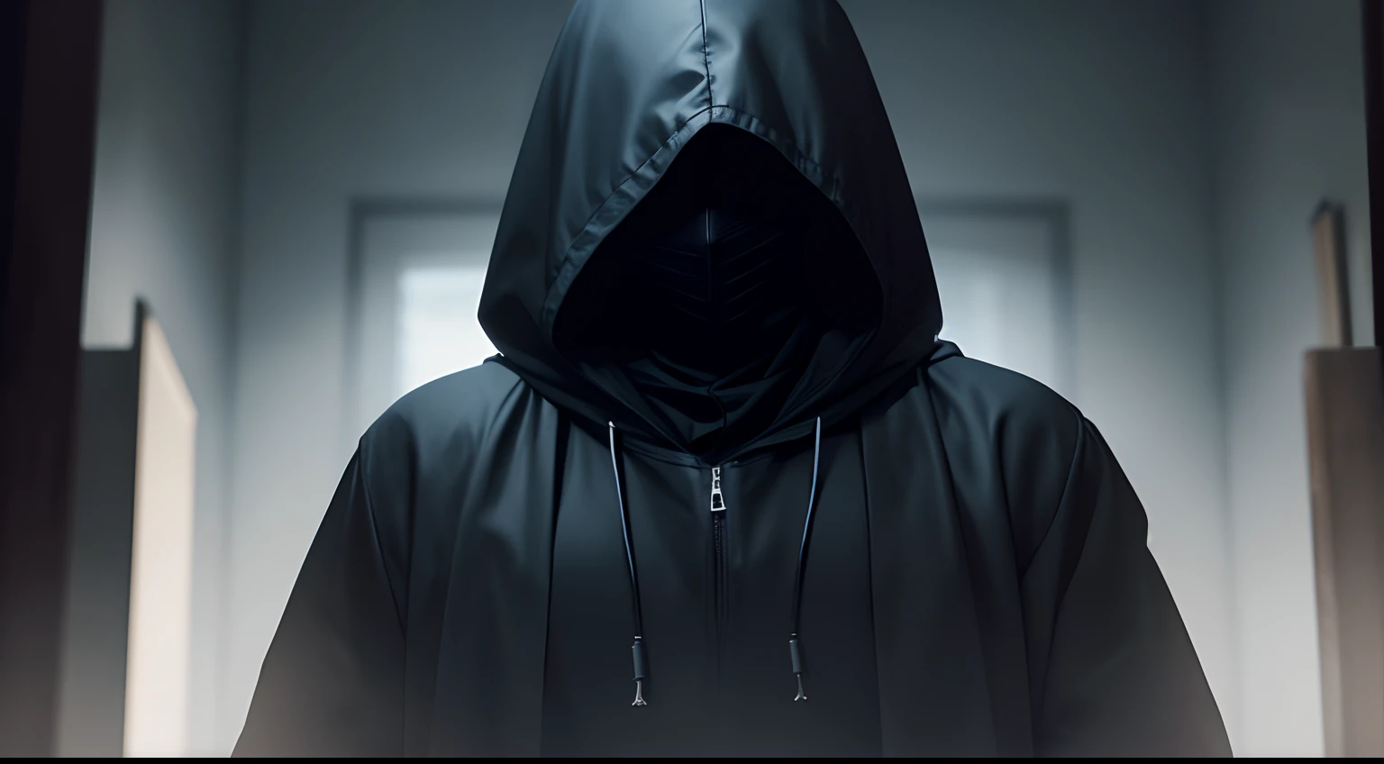 front photo of a mysterious man, with a black hood in a dark place where it is not possible to see his face