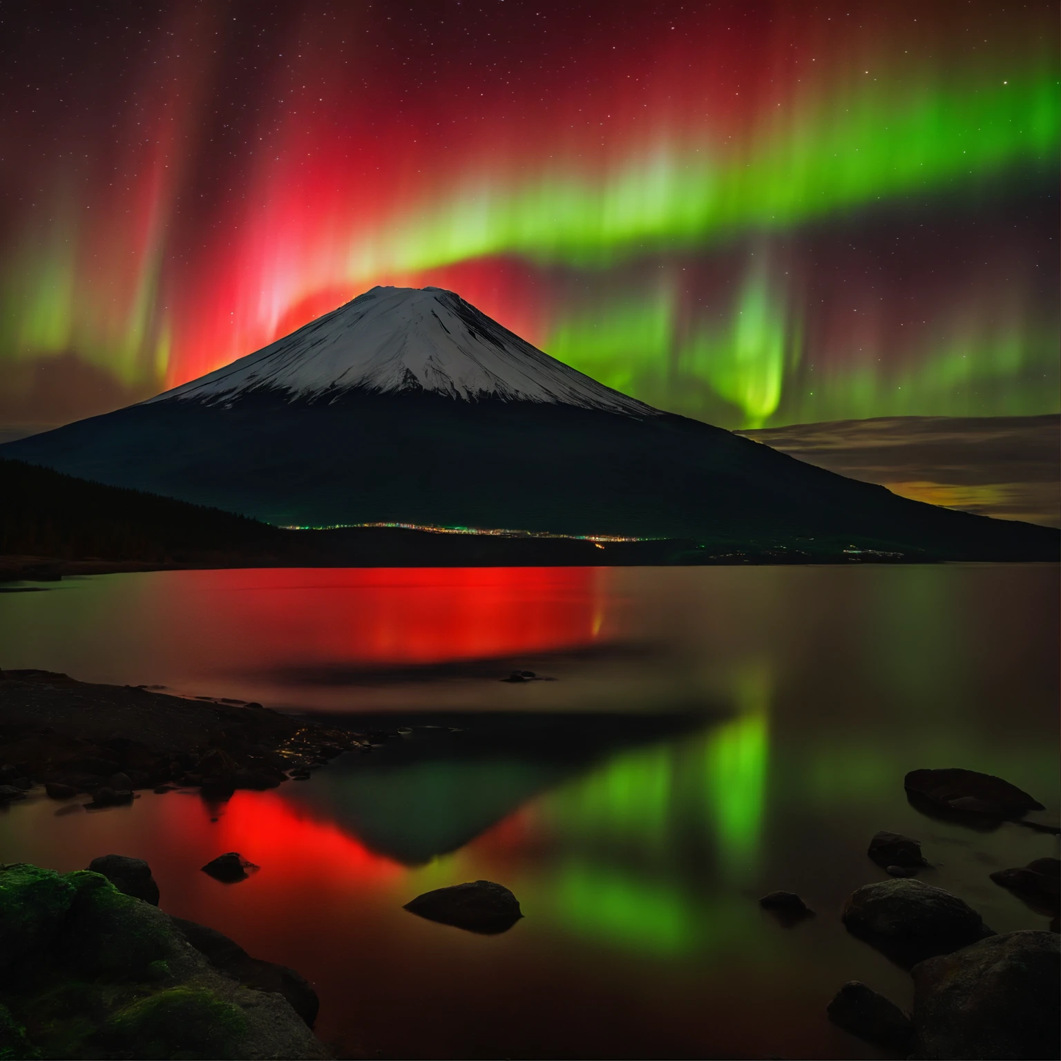 Master Parts、Superior Quality、superior image quality、The 8k quality、Beautiful pictures of the starry sky、magnifica、(Mt fuji:1.25)、Blue glowing lake:1.25、(Red and green aurora borealis:1.5)