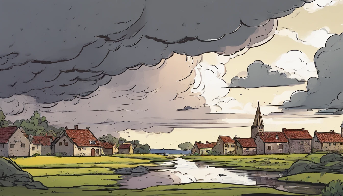 dark stormy sky, low-angle view, A puddle of rain on the ground, medieval village, Destroyed