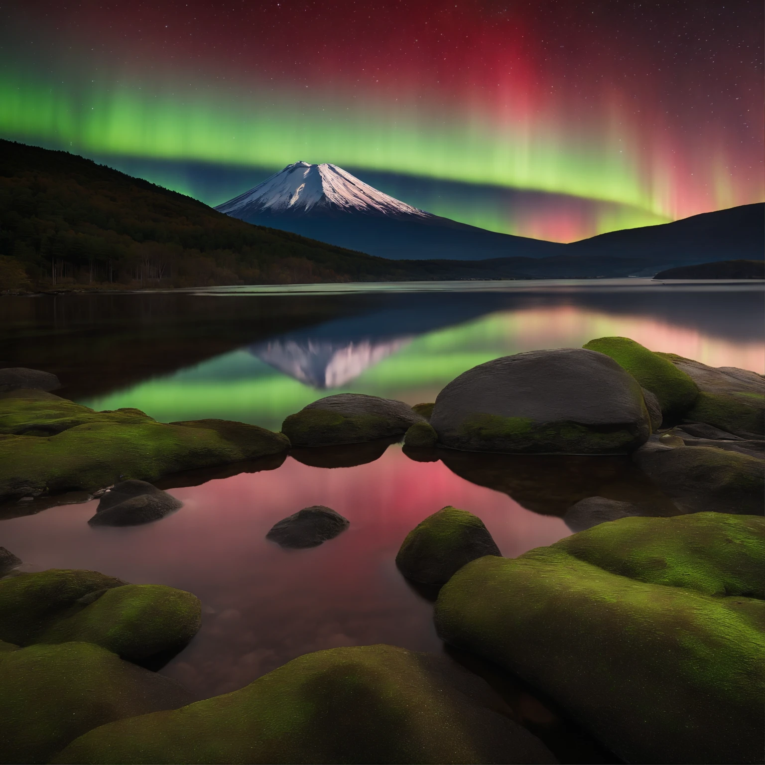 Master Parts、Superior Quality、superior image quality、The 8k quality、Beautiful pictures of the starry sky、magnifica、(Mt fuji:1.25)、Blue glowing lake:1.25、(Red and green aurora borealis:1.5)