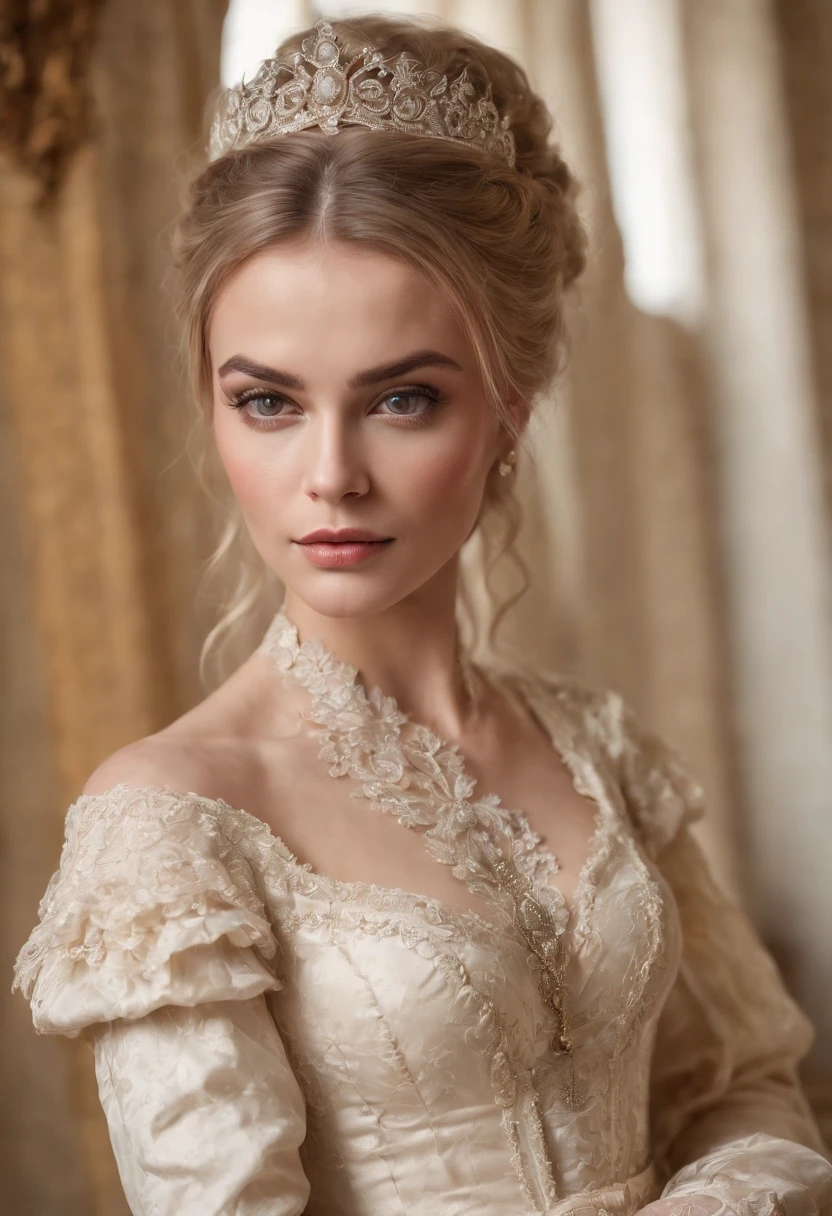 godess, face of carmen electra, woman around 26 years old, blonde, distinctive brown eyes, slender and graceful, beautiful, ultra sharp focus, realistic shot, rococo queen, white royal dress, in victorian aristocrat, intricate victorian dress, dress in the style of rococo, rococo style portrait, rococo dress, beautiful female princess, historical baroque dress, aristocratic clothing, ivory rococo, beautiful fantasy maiden, victorian dress, rococo fashion
