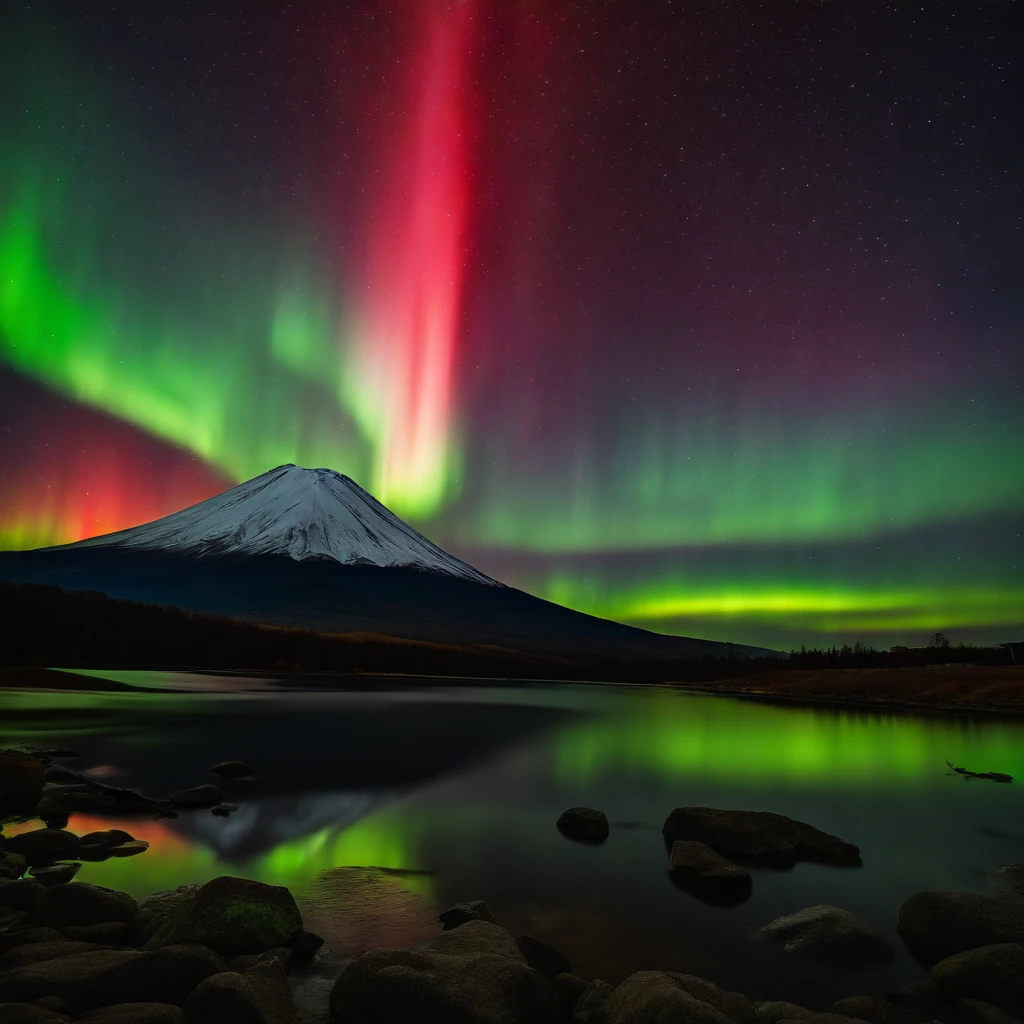 Master Parts、Superior Quality、superior image quality、The 8k quality、Beautiful pictures of the starry sky、magnifica、(Mt fuji:1.25)、Blue glowing lake:1.25、(Red and green aurora borealis:1.5)