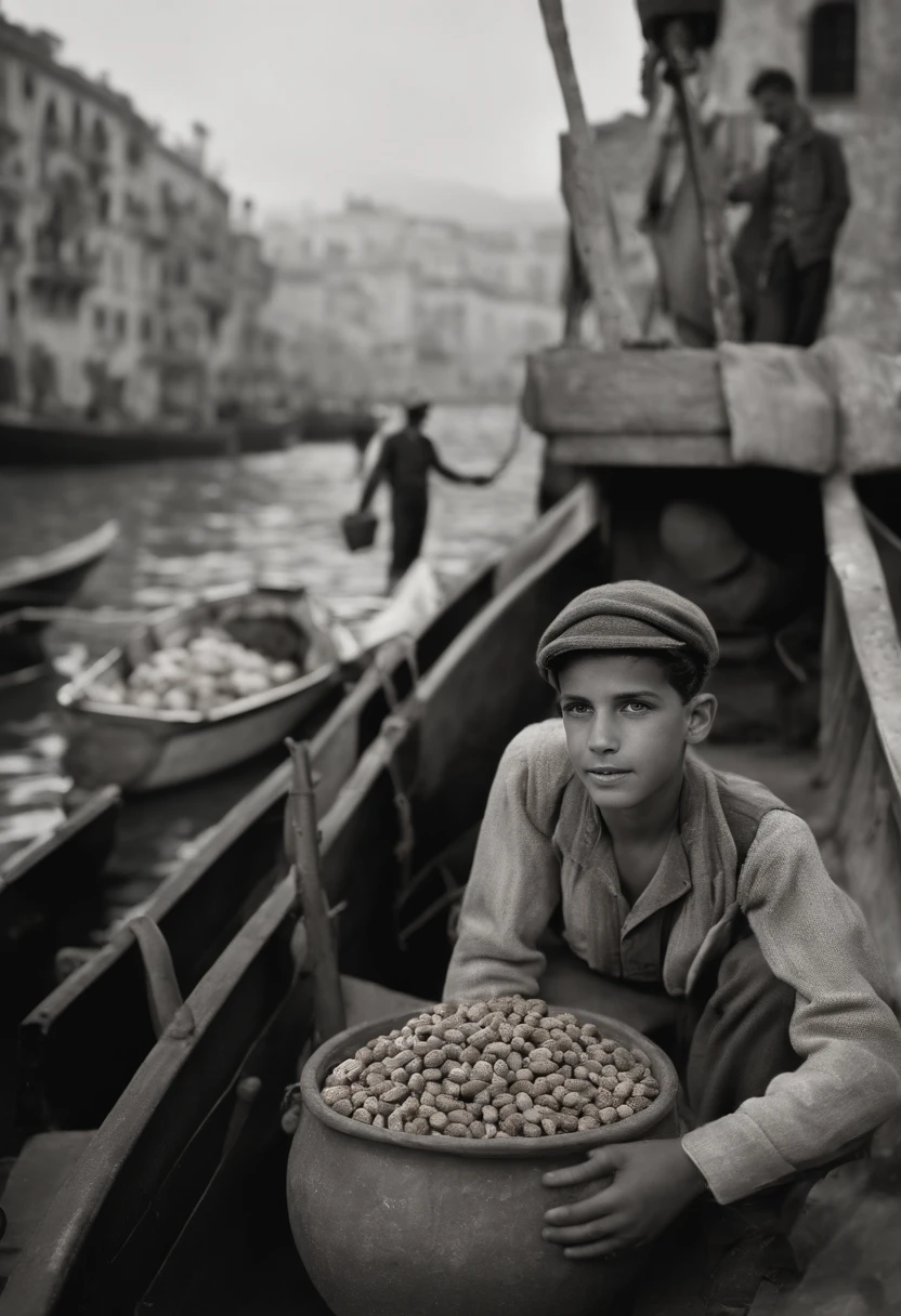 an old black and white photo of a poor white **** boy selling nuts in alger boat port waving his hand, dirty clouths, big boat in the background ,1948, real-life photograph, french architecture, provia, security agent, vignette, small crowd of people, real, large frame