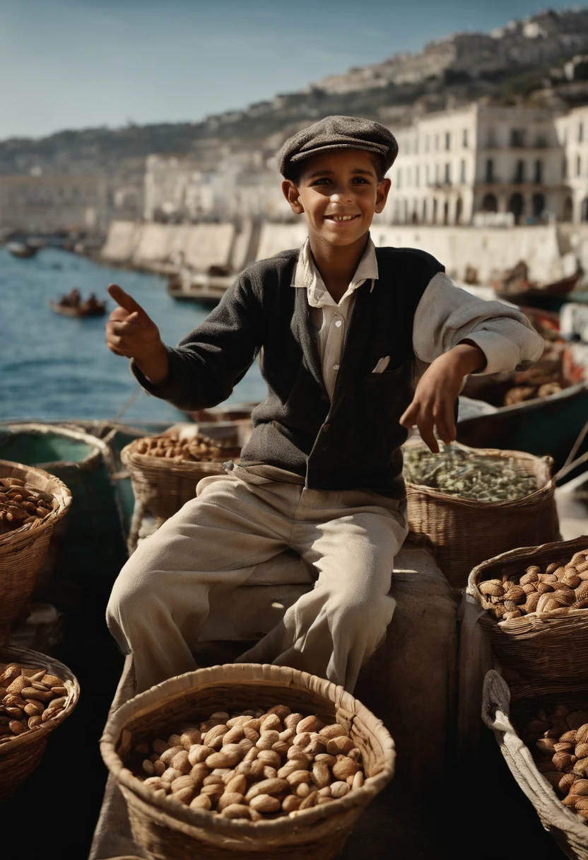 an old black and white photo of a poor white  boy selling nuts in alger boat port waving his hand, dirty clouths, big boat in the background ,1948, real-life photograph, french architecture, provia, security agent, vignette, small crowd of people, real, large frame