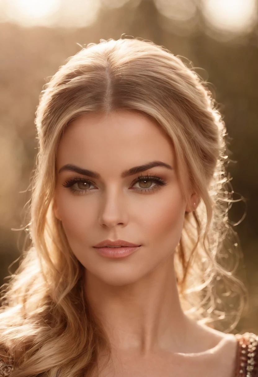 godess, face of carmen electra, woman around 26 years old, blonde, distinctive brown eyes, wearing kohl, slender and graceful, beautiful, candlelight in a medieval setting, ultra sharp focus, realistic shot, medieval female clothes, tetradic colors (scar:1.4), highly detailed face, beautiful face