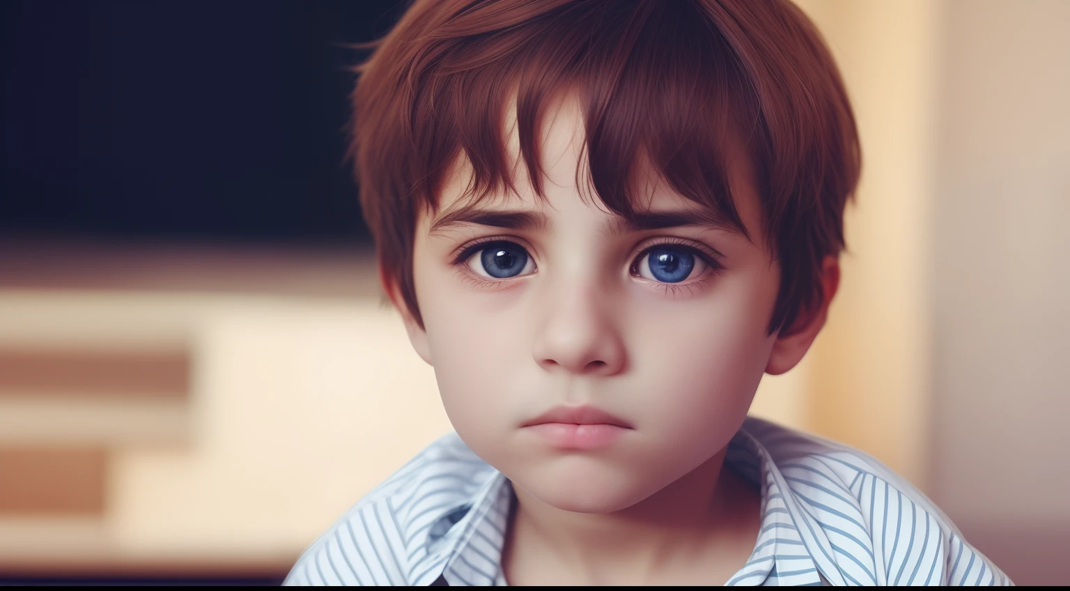There's a boy with a tie looking at the camera, sad expression, concerned expression, sad exasperated expression, serious sad look in his eyes, com rosto neutro, olhos tristes, intense expression, tired expression, cabelos castanhos curtos e olhos grandes, tristes olhos azuis, triste franzir a testa, with a sad expression, cabelos castanhos e olhos grandes