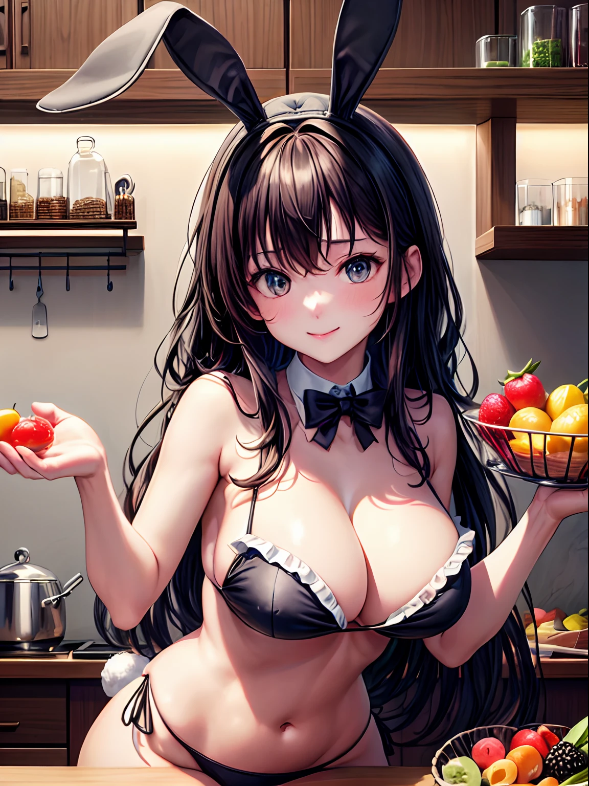 hight resolution, top-quality, ultra-quality, The ultra-detailliert, lighting like a movie、kitchin、fruits、Food Preparation、Woman in black rabbit bikini with rabbit ears、Rabbit tail、Exposing the chest、Colossal tits、