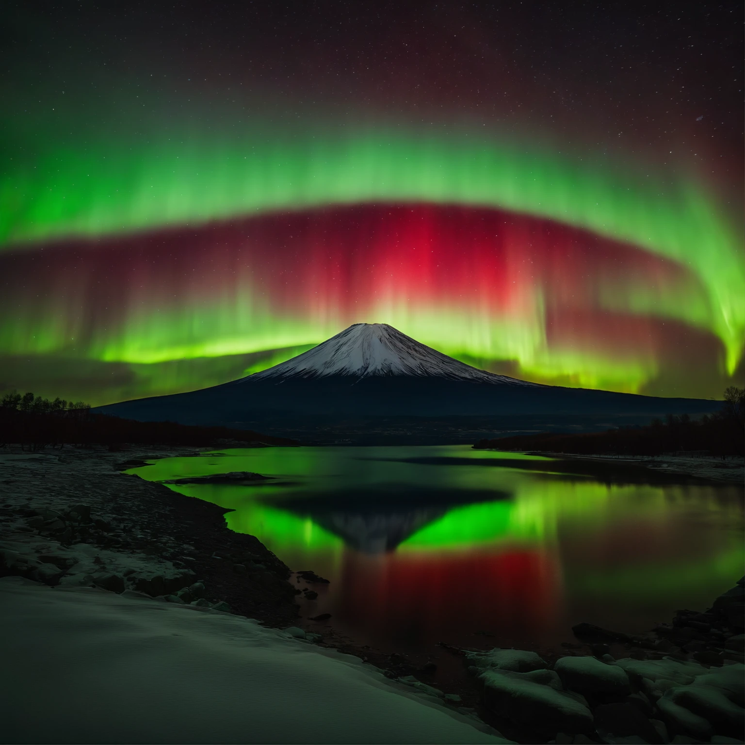 Master Parts、Superior Quality、superior image quality、The 8k quality、Beautiful pictures of the starry sky、magnifica、(Mt fuji:1.25)、Blue glowing lake:1.25、(Red and green aurora borealis:1.5)