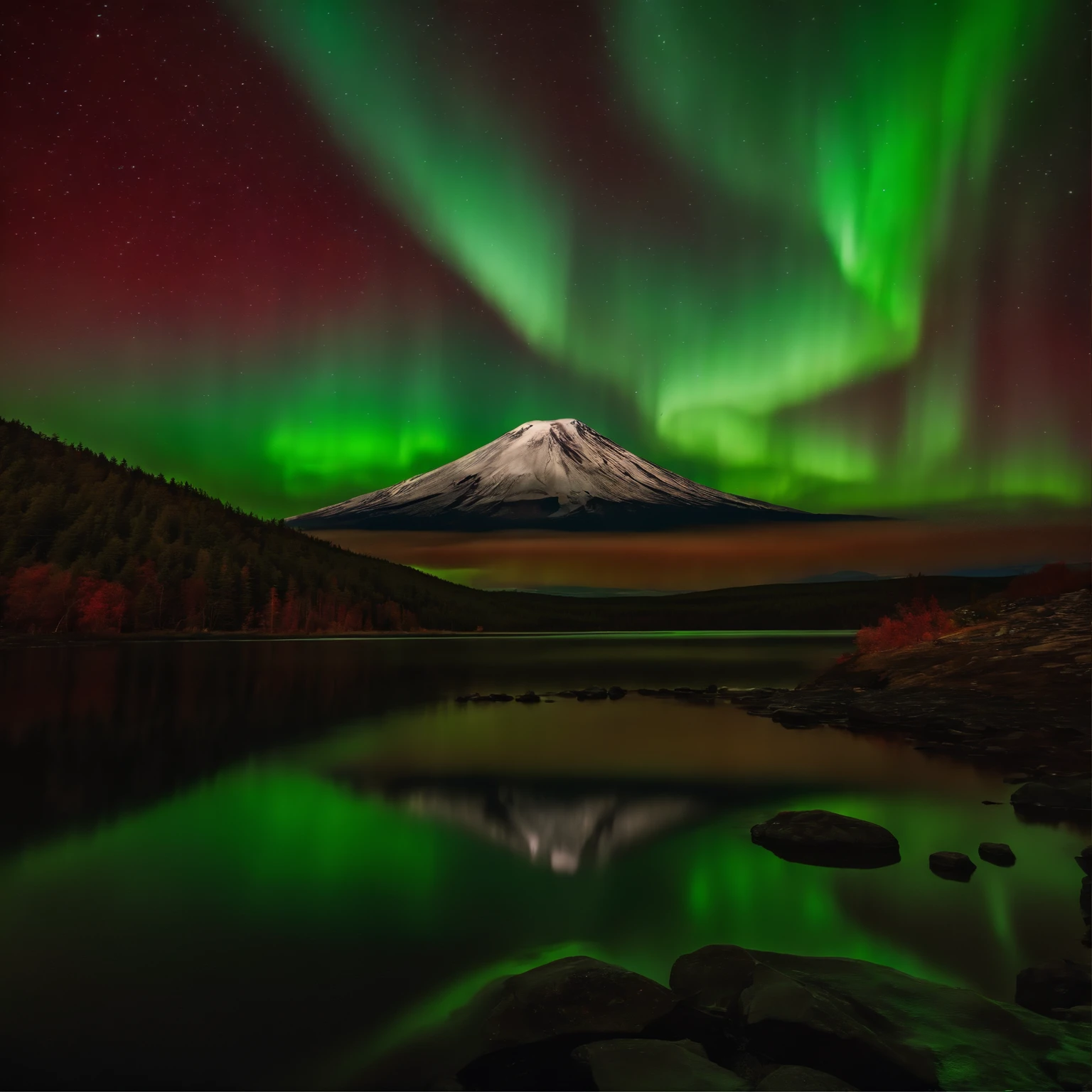 Master Parts、Superior Quality、superior image quality、The 8k quality、Beautiful pictures of the starry sky、magnifica、(Mt fuji:1.25)、Blue glowing lake:1.25、(Red and green aurora borealis:1.5)