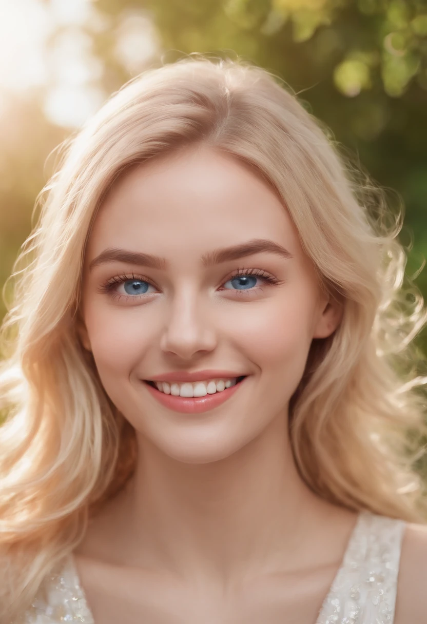 A girl with beautiful blue eyes and blonde hair laughing in a vibrant and joyful garden. The artwork is a high-resolution masterpiece (1.2), with ultra-detailed and realistic features. The girl's eyes are extremely detailed, with long eyelashes. The garden is filled with colorful backgrounds, creating a vivid and lively atmosphere. The lighting is professionally done, highlighting the girl's face and illuminating the surrounding scenery. The overall image quality is of the best quality, with high resolution (4k or 8k) and realistic, photorealistic details. Enjoy the vibrant and joyful scene with multiple laughing emojis scattered throughout the artwork. animate