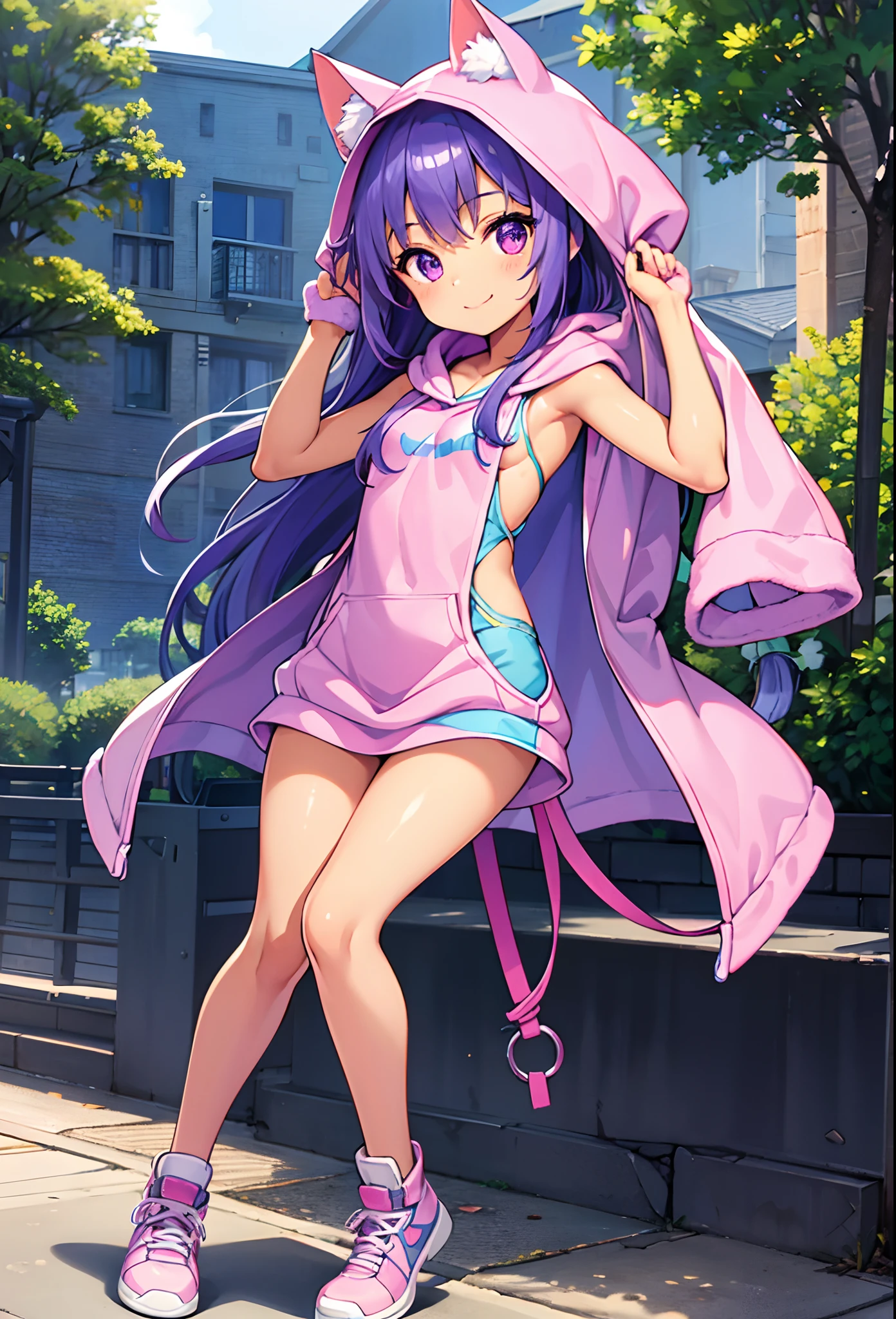 1 girl, young, tanned skin, ojos azules, purple hair, pink hood with cat ears, blue sleeveless dress, lilac sneakers, detailed body, detailed face, detailed eyes, glistering body, shiny body, skinny, high quality, masterpiece, small breasts, forest, smiled, Happy face, full body,