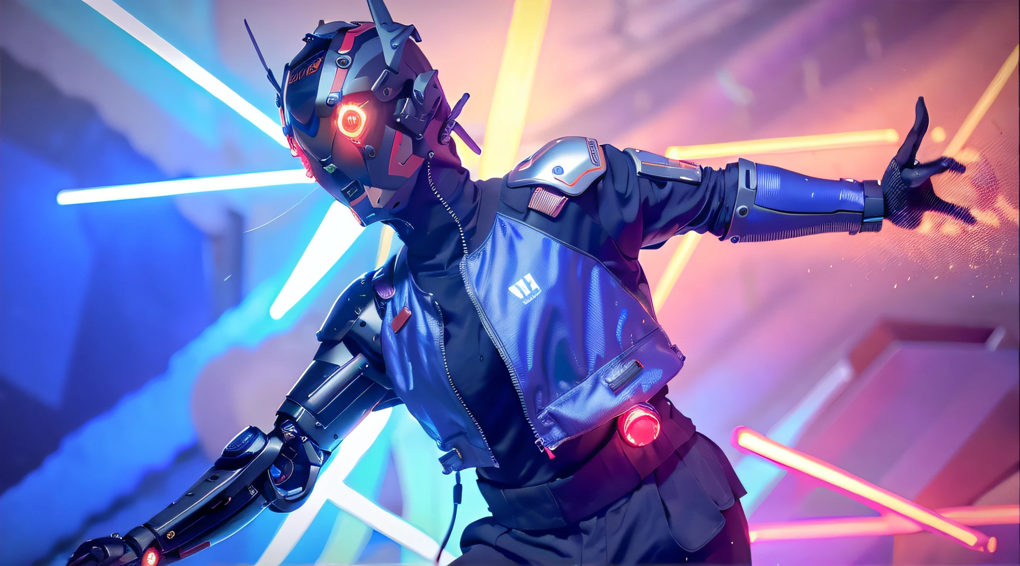 masterpiece, best quality, a close up of a futuristic looking cyborg man with a fantastic cyber helmet head with red and blue triangle led lights and a halo, full body, dancing. dance. synthwave ballad. silver pants. wearing a red and blue techwear jacket, white background. jump, full body, robotic legs.