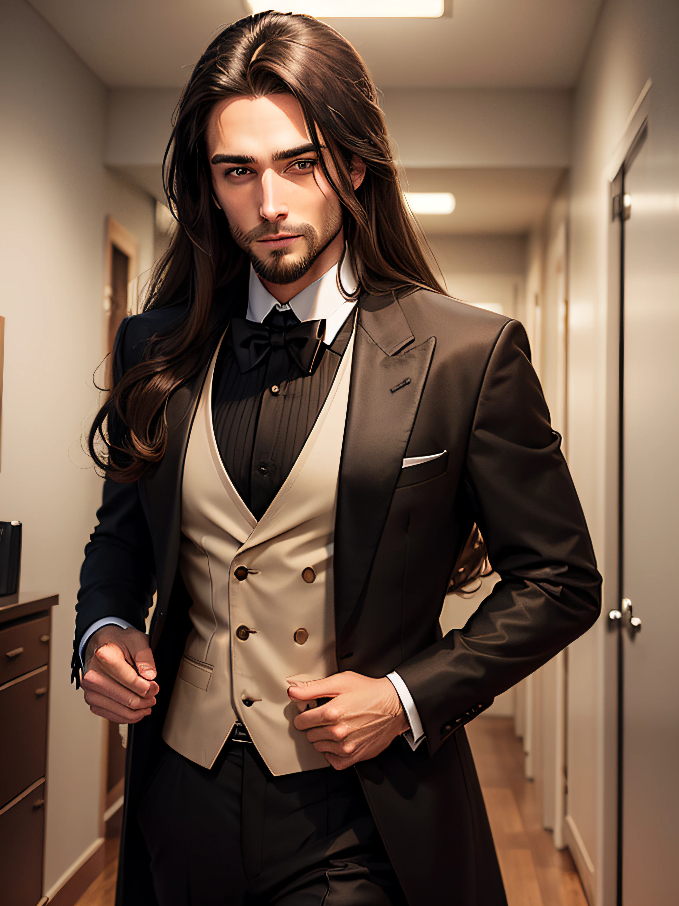 A man with very long brown hair, brown eyes, wearing a tuxedo, enters the office