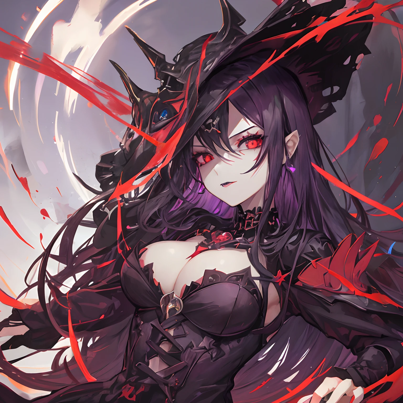 Woman, long dark purple hair, red eyes with a bright light, black long open dress, witch, silver jewelry in the shape of ribs, metal mask on half of the face, black lipstick